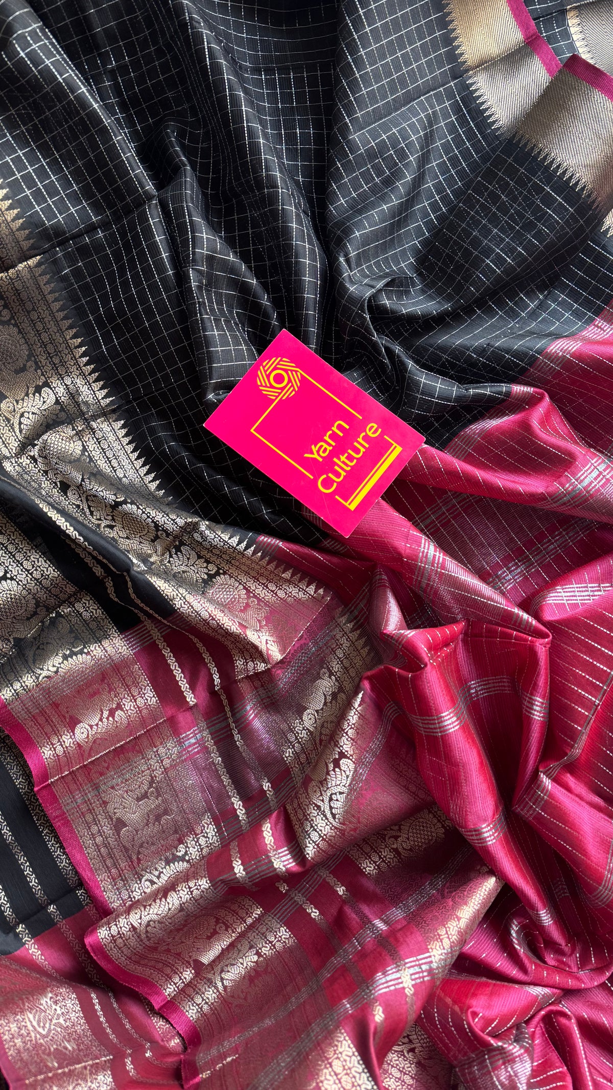 Black with dark pink silver zari checks, silver and gold peacock woven zari border, mangalgiri silk cotton, handwoven, soft, light weight - YCWOTDMSCOC123