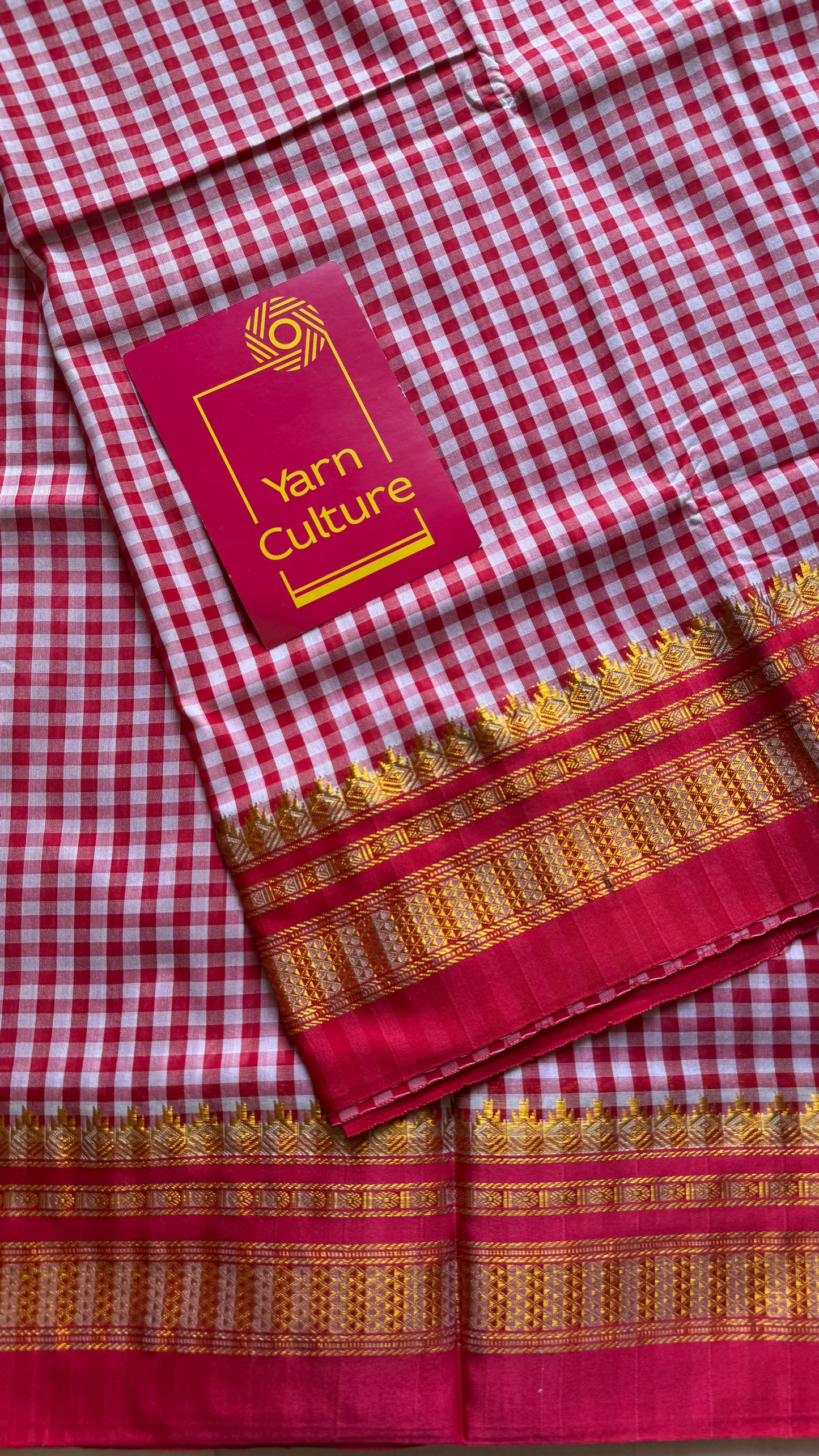 llkal red and white checks with chikki paras border, soft cotton with art silk blend - YCLOKICAP229