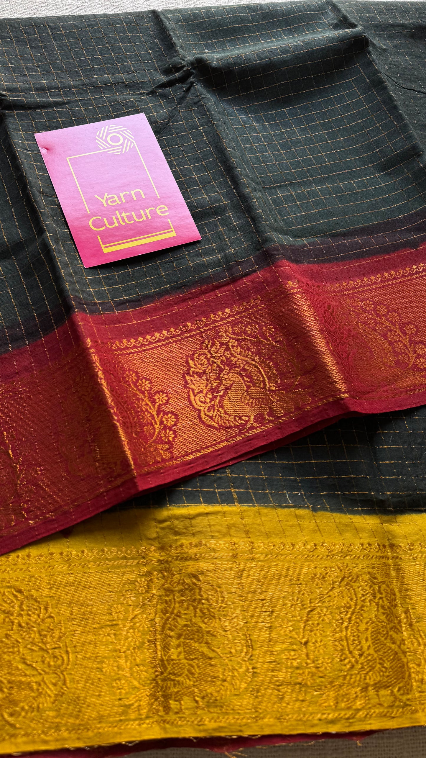 Sungudi cotton checks, black base, red and yellow dual tone border, soft cotton - YCCOTNGJJA180