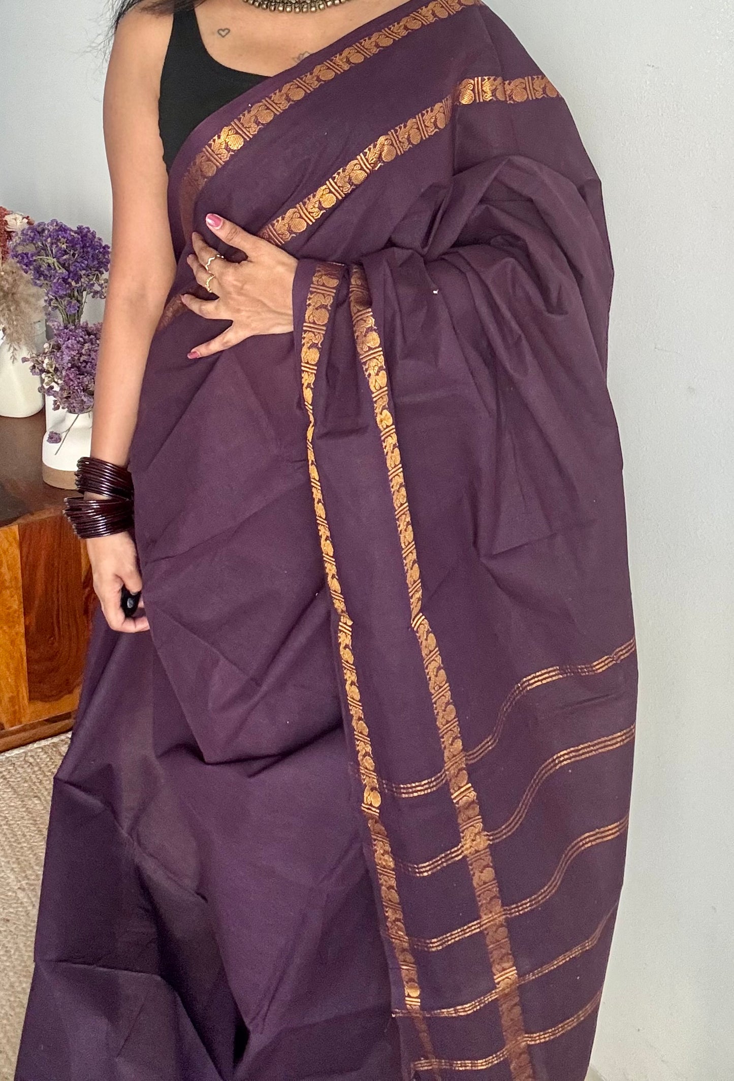 Purple brown rettaipettu peacock gap border, kattuchayam dyed madurai cotton saree  - YCCOTNMSAP98