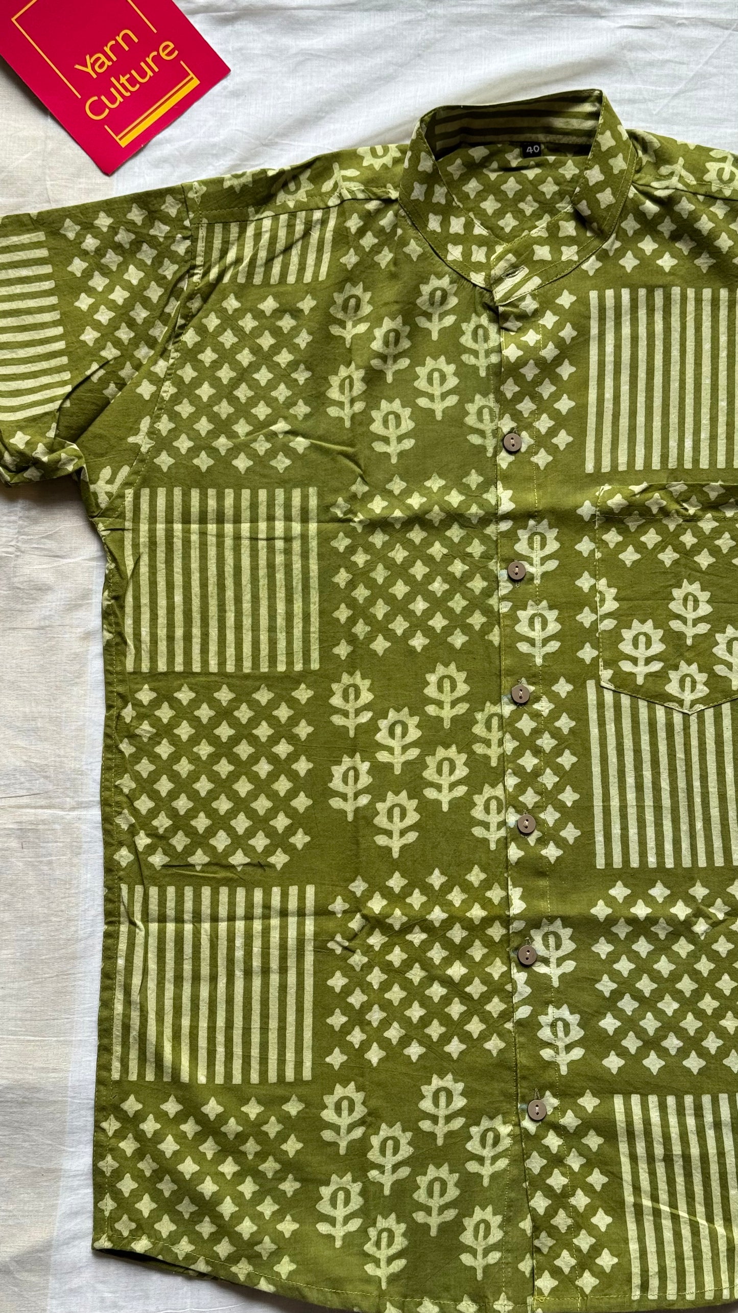 Light Green Motif Block Printed Cotton Men's Half Sleeve Mandarin Collar Kurta Shirt- YCMSEIE191