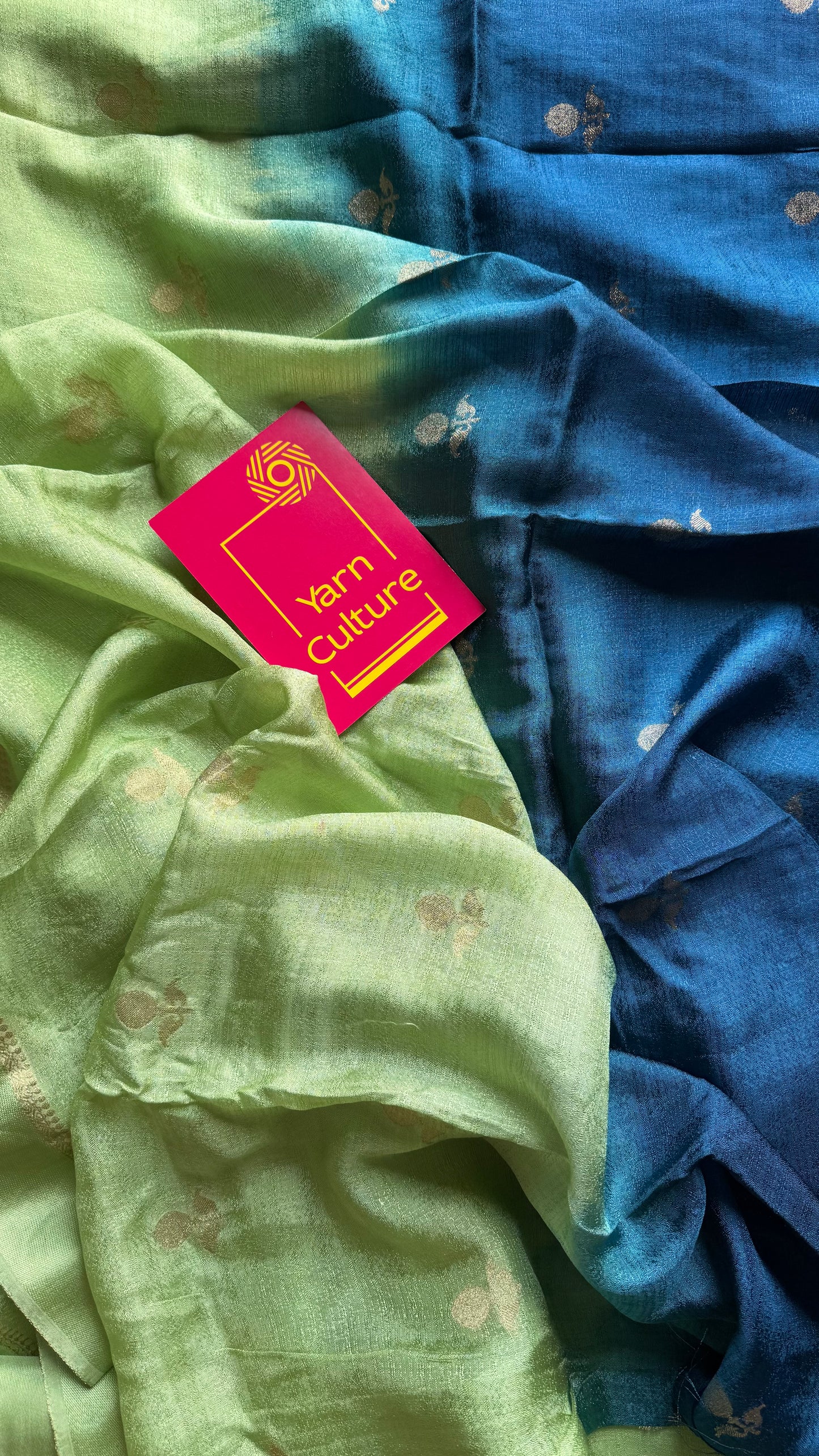 Pista green peacock blue dual tone in viscose soft silk with satin border, jacquard zari motifs - YCDOSFE195