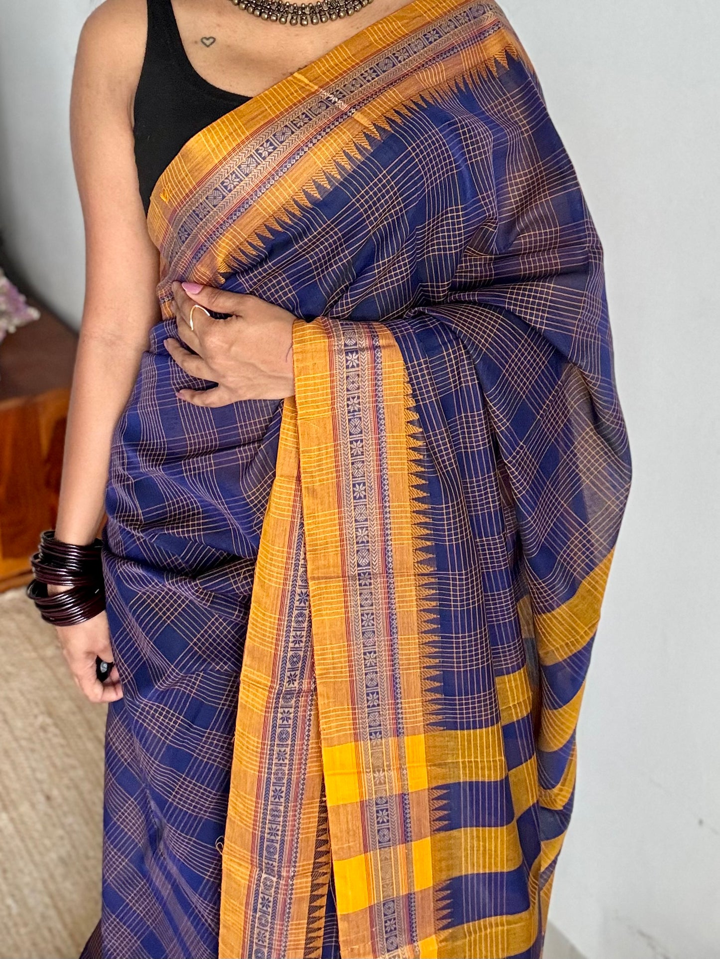 Dark blue checks with yellow border, handloom, soft cotton - YCLOKC219