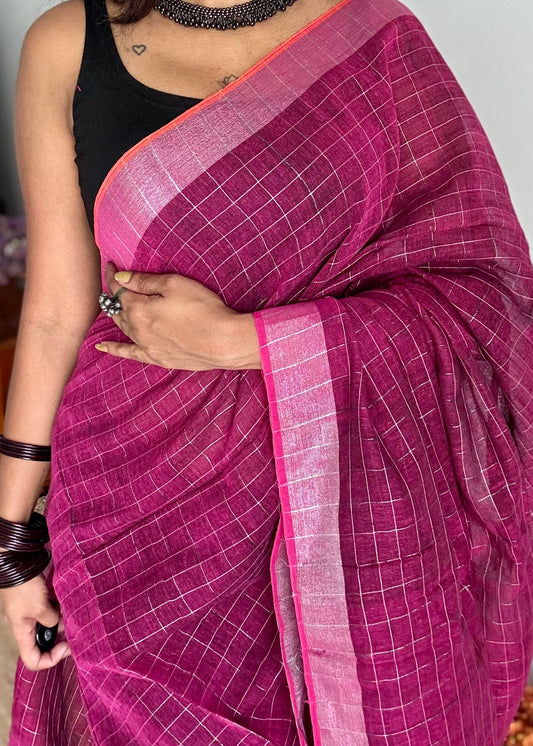 Ruby linen by cotton saree, silver checks & zari pallu - YCBCLCFE387