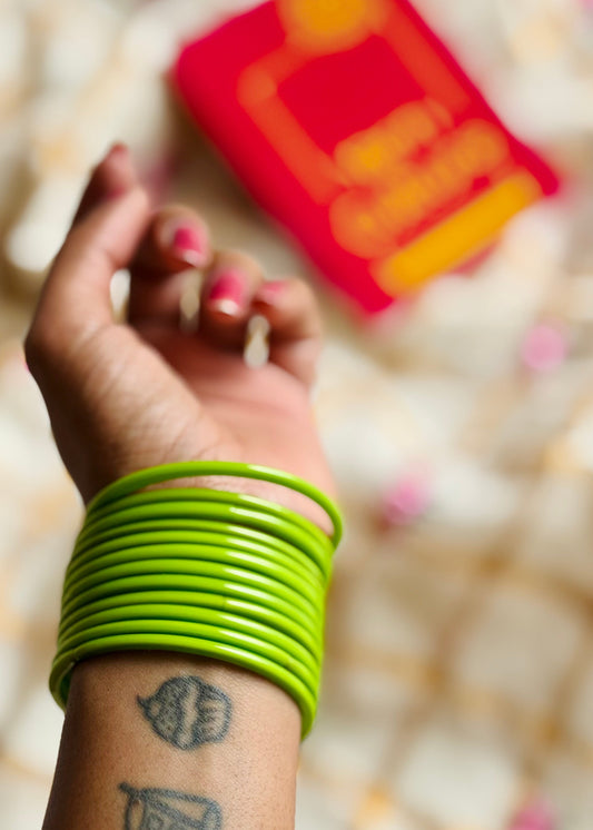 Bright green glass bangles, set of 12 - YCBANGL54