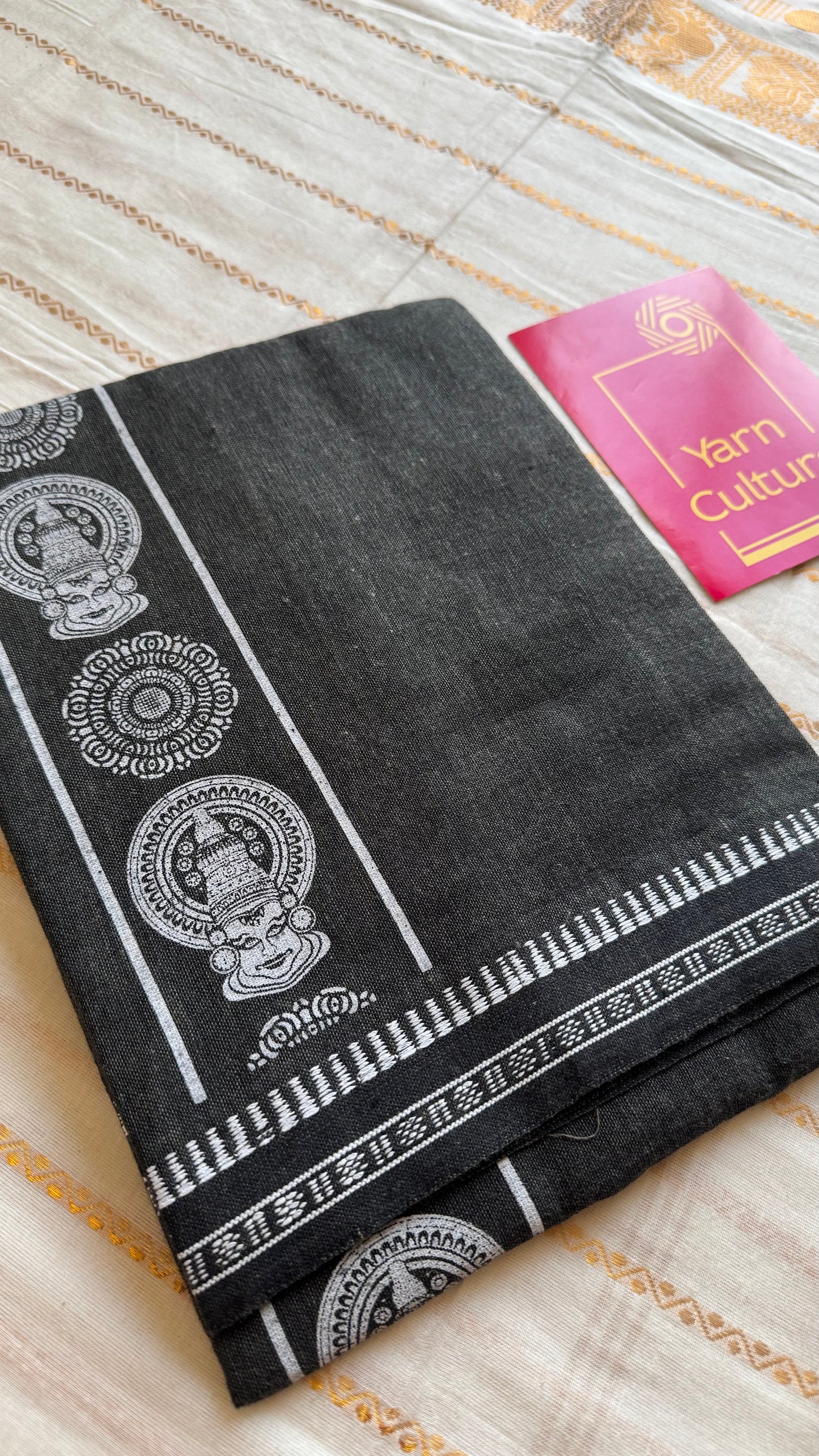 Dark Grey Single Mundu with White Kathakali Print | Soft Cotton Men's Dhoti - YCMSEIE182