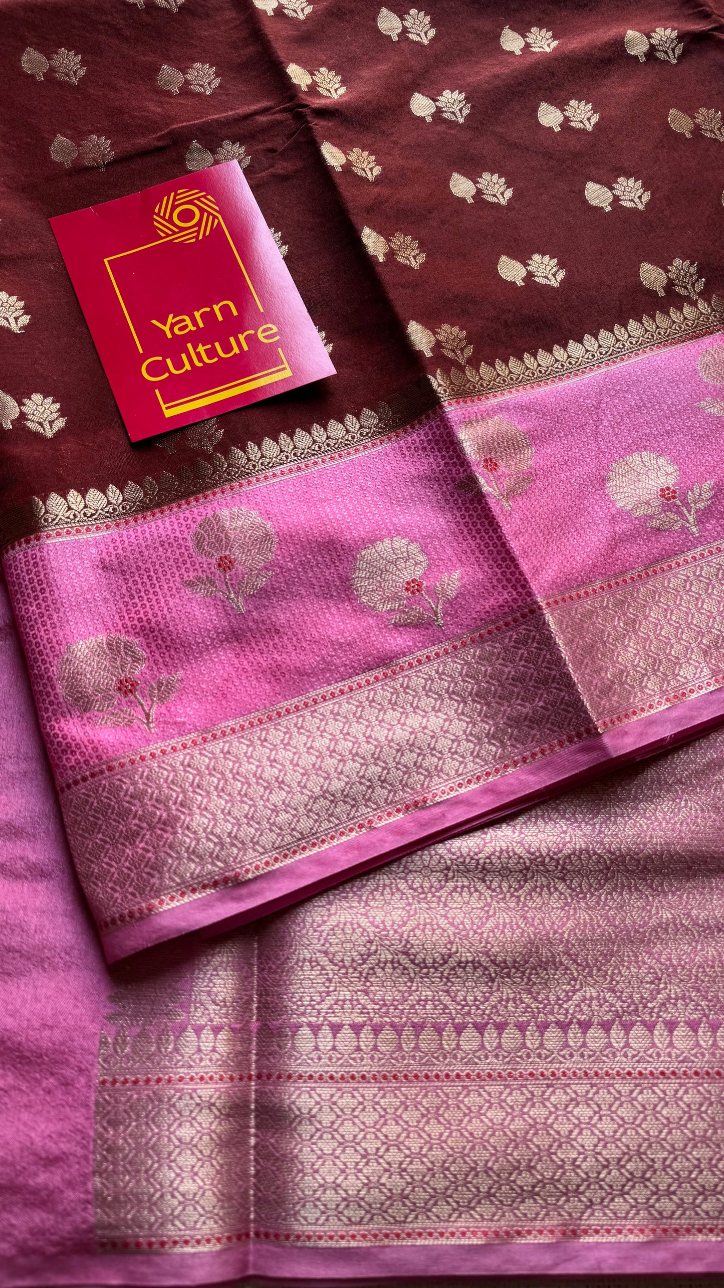 Coffee brown with pink border, semi dupion silk - YCBLSSJA23