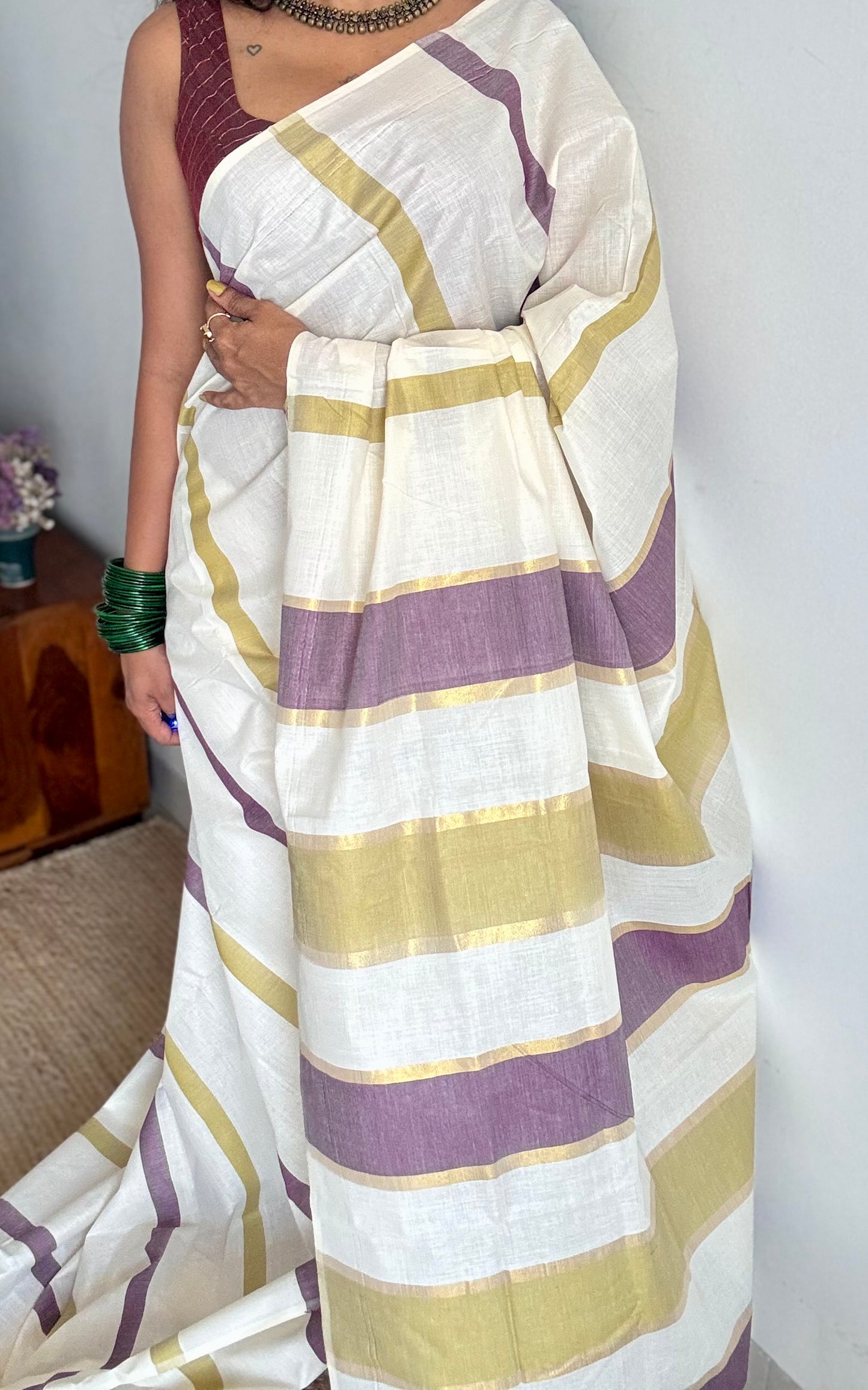 Ivory Kerala cotton saree with purple and green stripes - YCIEKCFE306