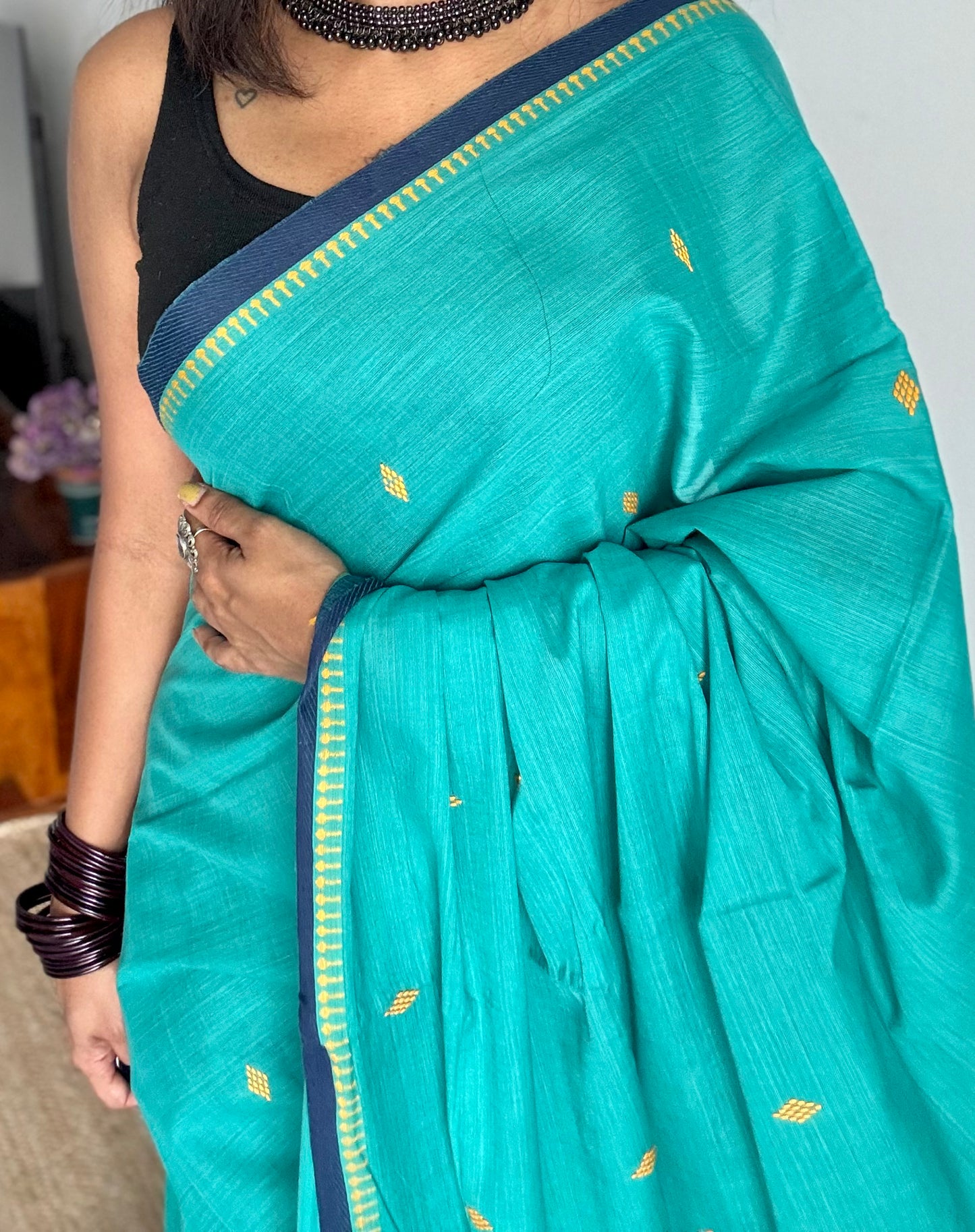 Dhonekhali handloom soft cotton saree, aqua blue with dark blue border and yellow woven buttas - YCBCDFE250