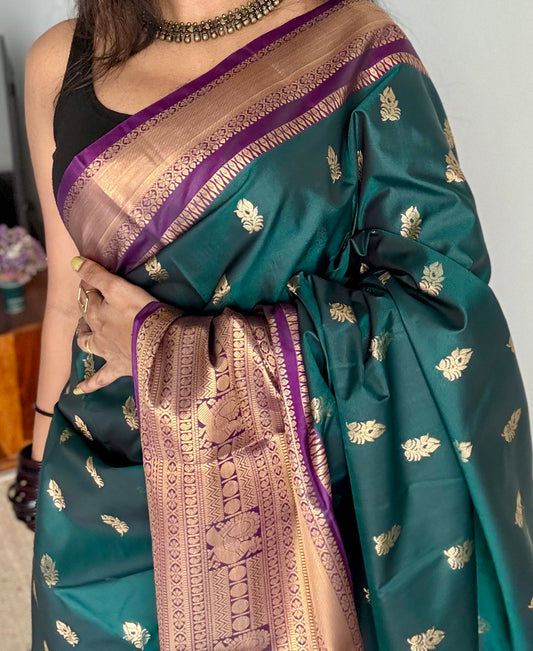 Peacock green with purple, handloom korvai kanchipuram semi silk - YCSOKSSFE38