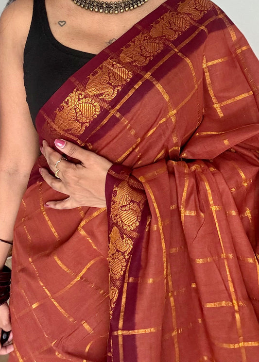 Brownish orange with maroon pavithra kattam sungudi, madurai cotton - YCCOTNMSAP143