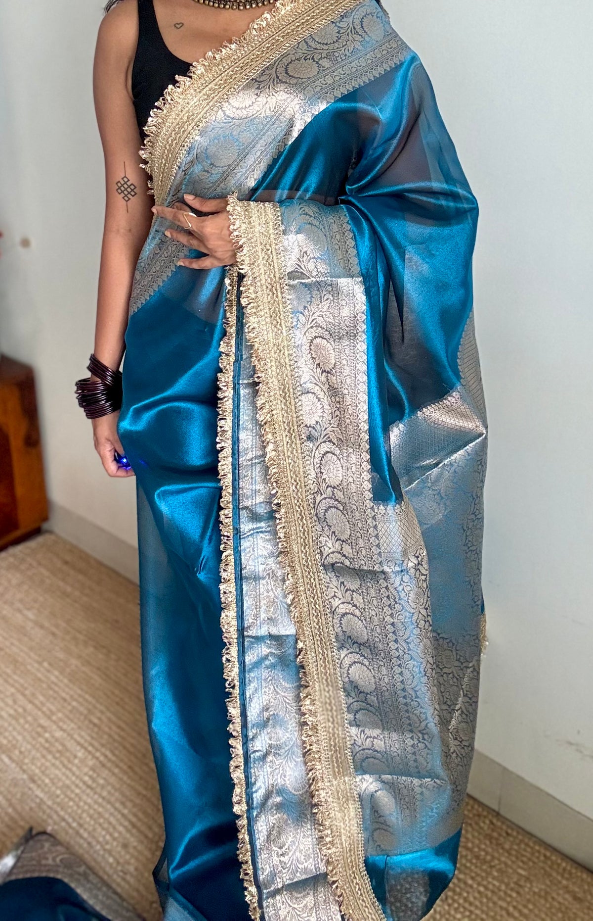 Peacock blue tissue Banarasi saree with embellished gold lace border - YCBLTOC77