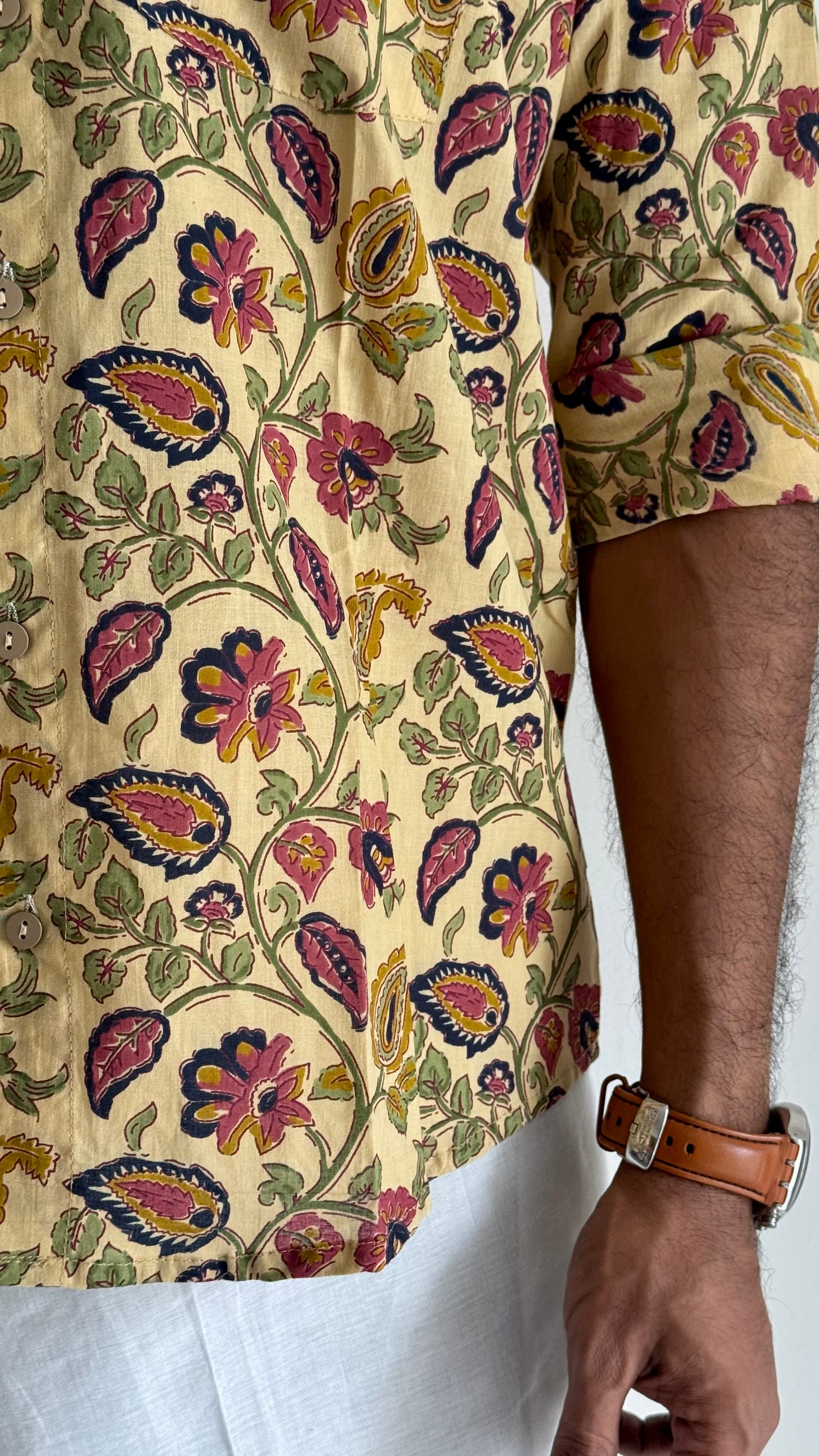 Light Cream Floral Block Printed Cotton Men's Mandarin Collar Kurta Shirt - YCMSEIE201