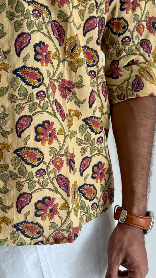 Light Cream Floral Block Printed Cotton Men's Mandarin Collar Kurta Shirt - YCMSEIE201