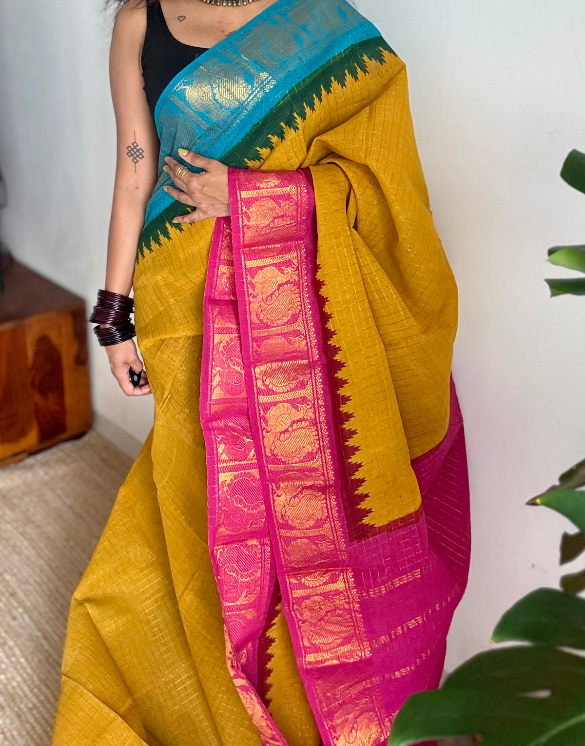 Sungudi cotton checks, mustard yellow base, blue and hot pink dual tone border, soft cotton - YCCOTNMSSE10