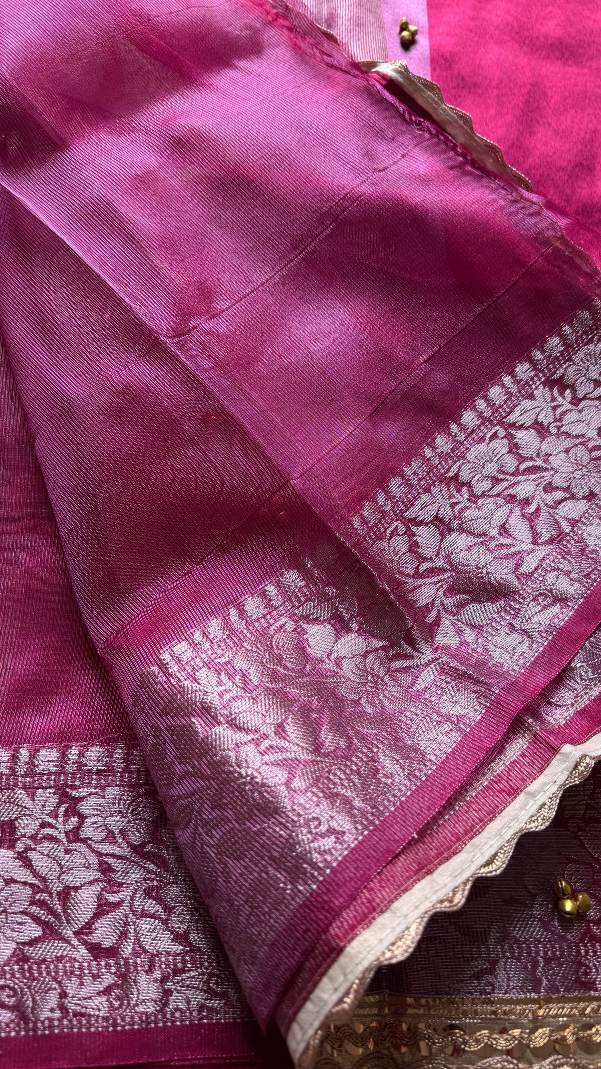 Raspberry pink silver tissue Banarasi saree with lace zari border - YCBLTOC68