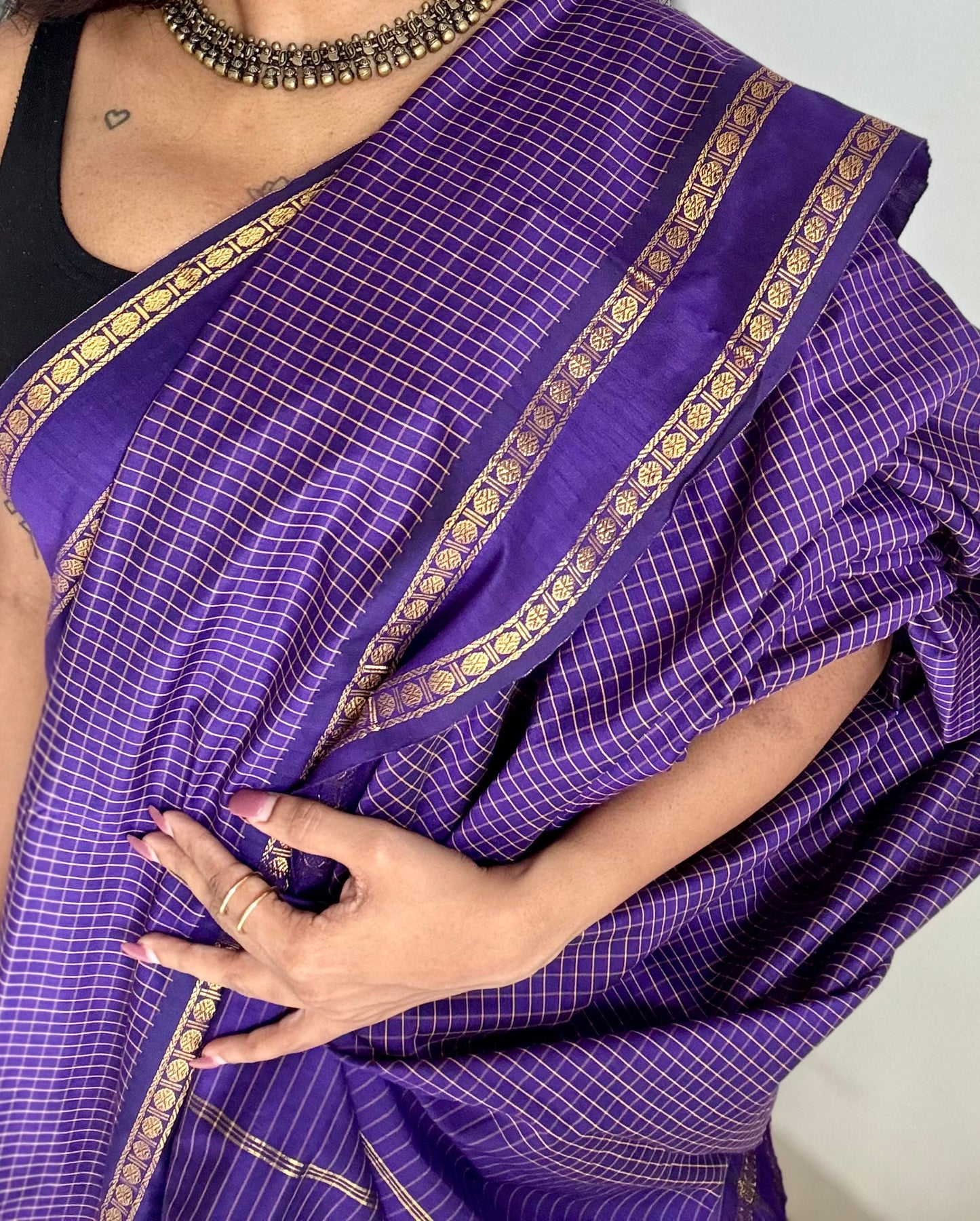 Purple violet, arani checks saree, cotton silk - YCCOTNAUG19