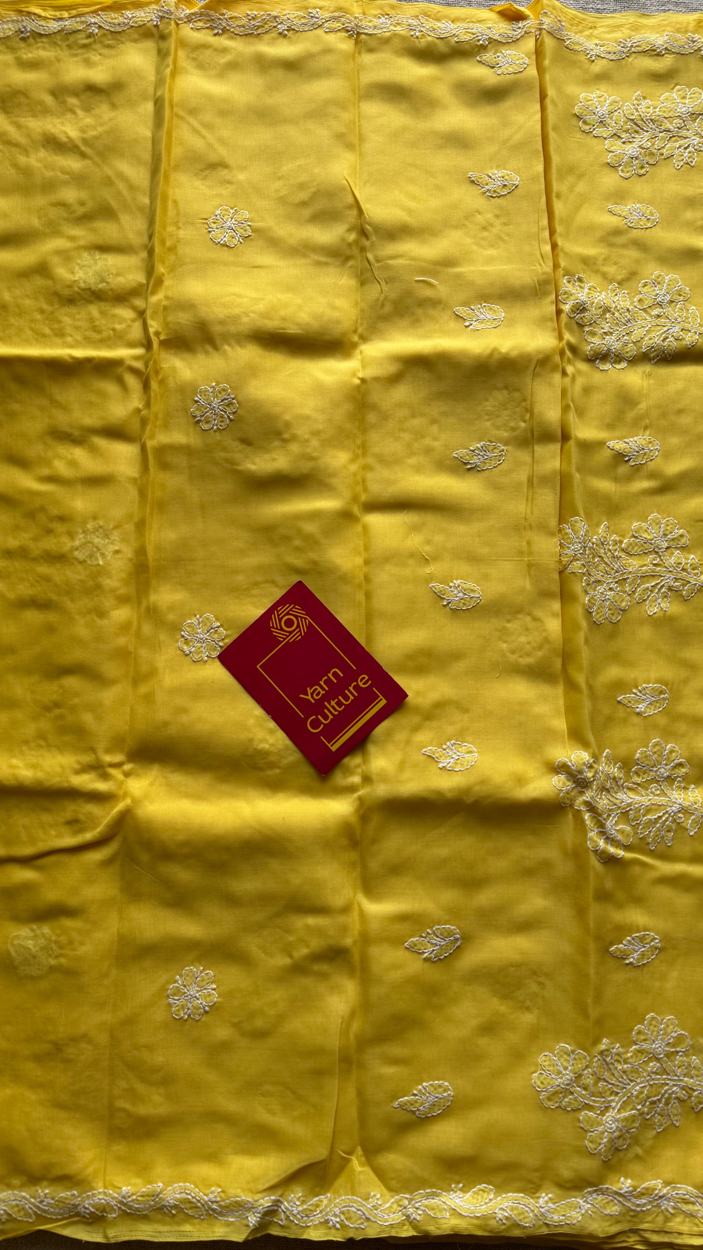 Roshni - canary yellow hand-embroidered chikankari cotton saree - YCLCKFE420