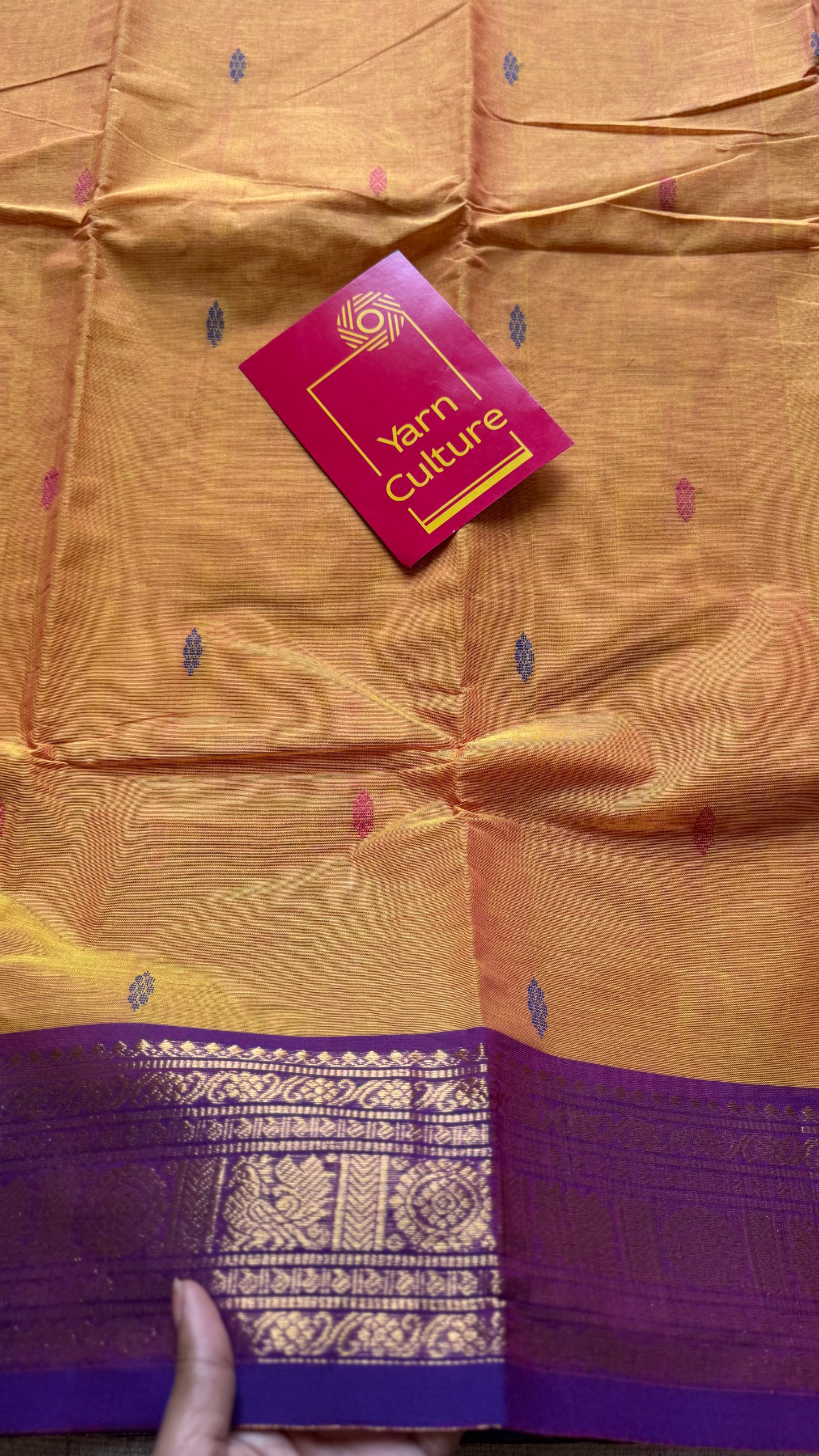 Light orange with hot pink and purple contrast, kanchi cotton saree - YCCOTNMA325
