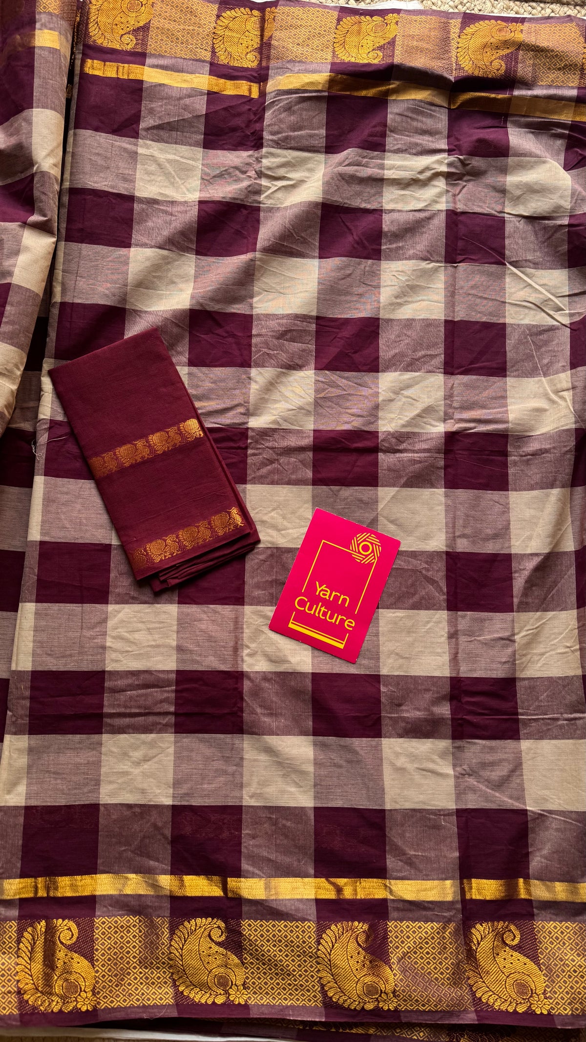 Maroon with multicoloured checks, cotton half and half saree - YCCOTNIDOC126