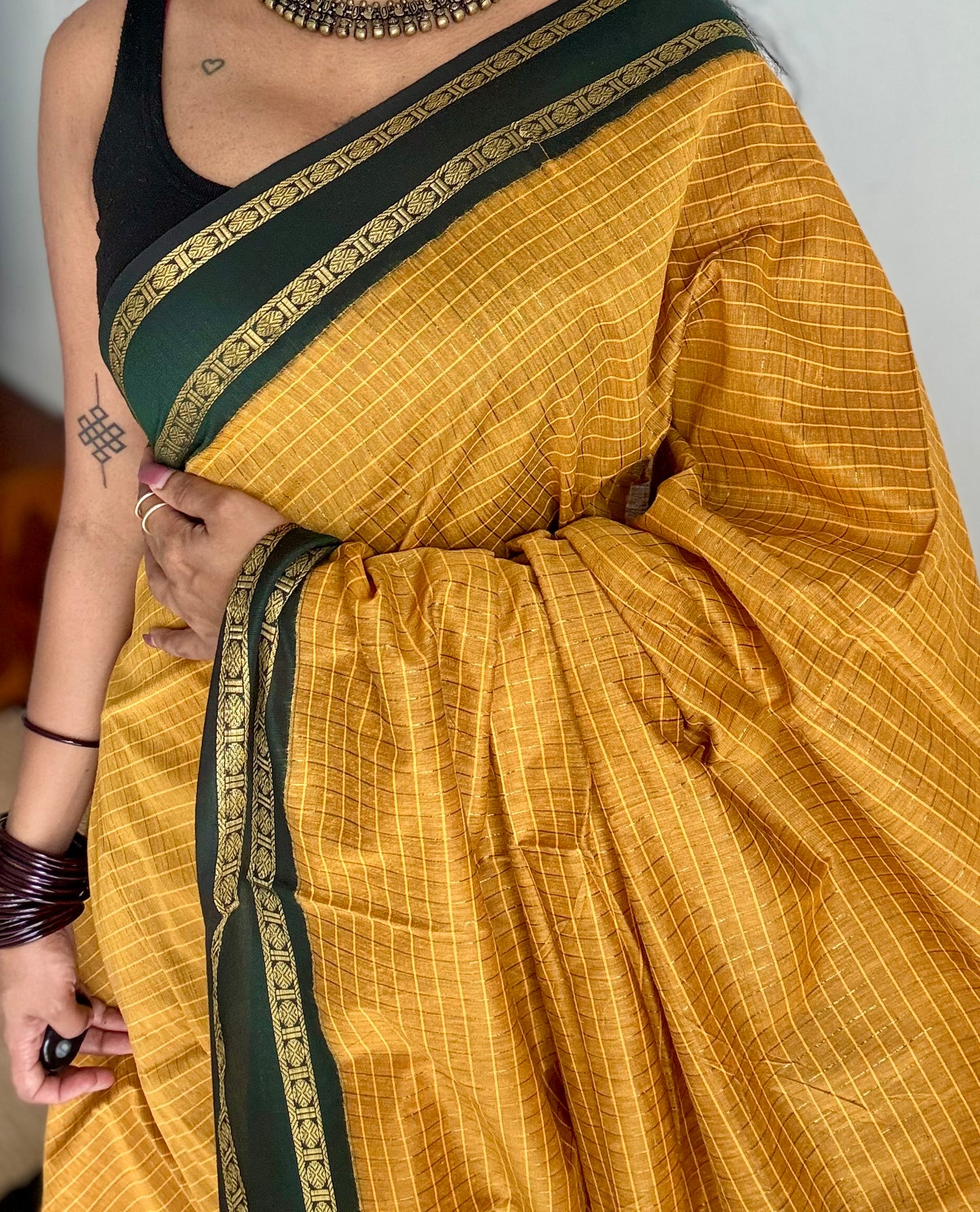 Mustard yellow with dark green contrast arani checkered saree, cotton silk - YCCOTNAUG12