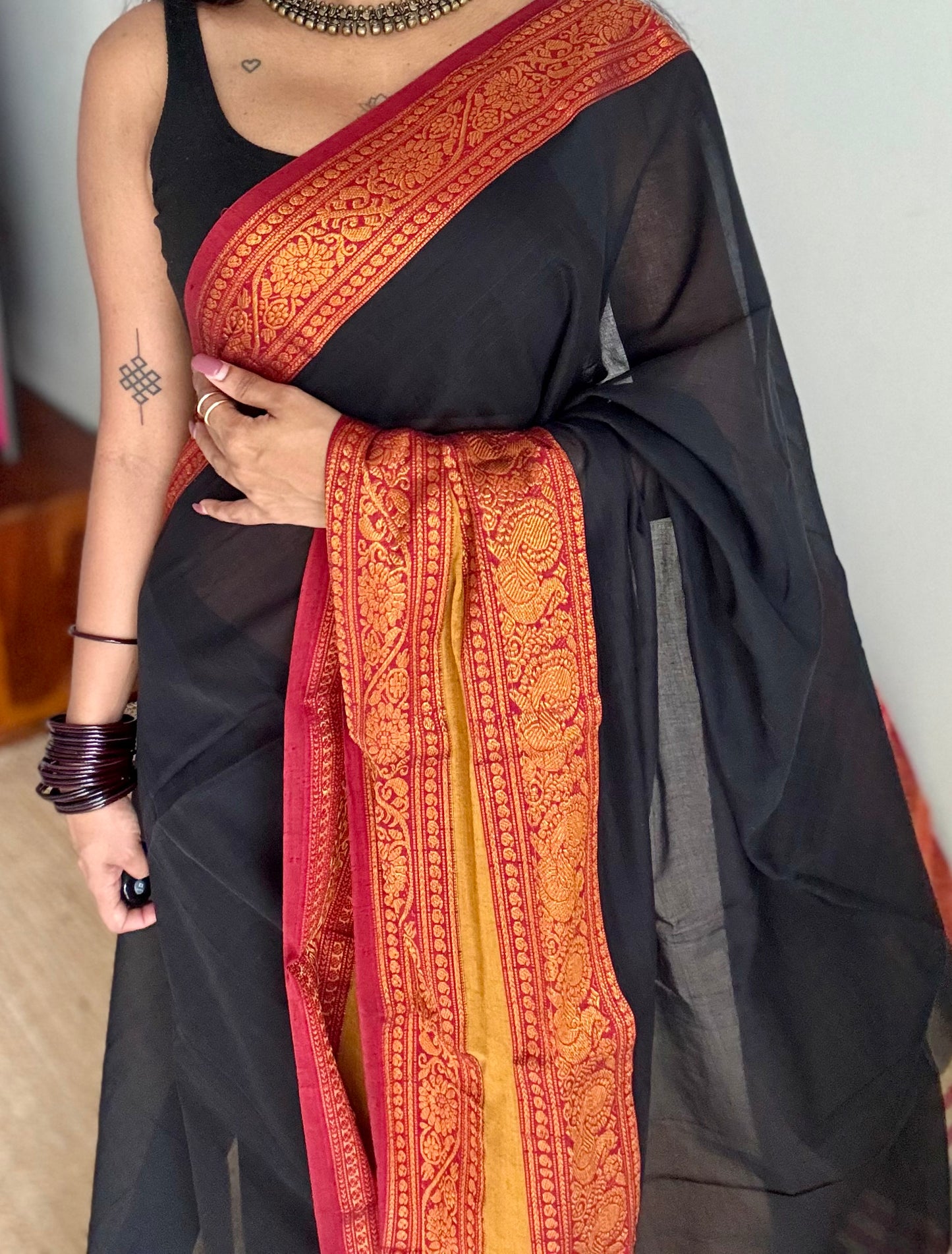 Black with red wide border, narayanpet soft cotton saree - YCWOTDAUG06