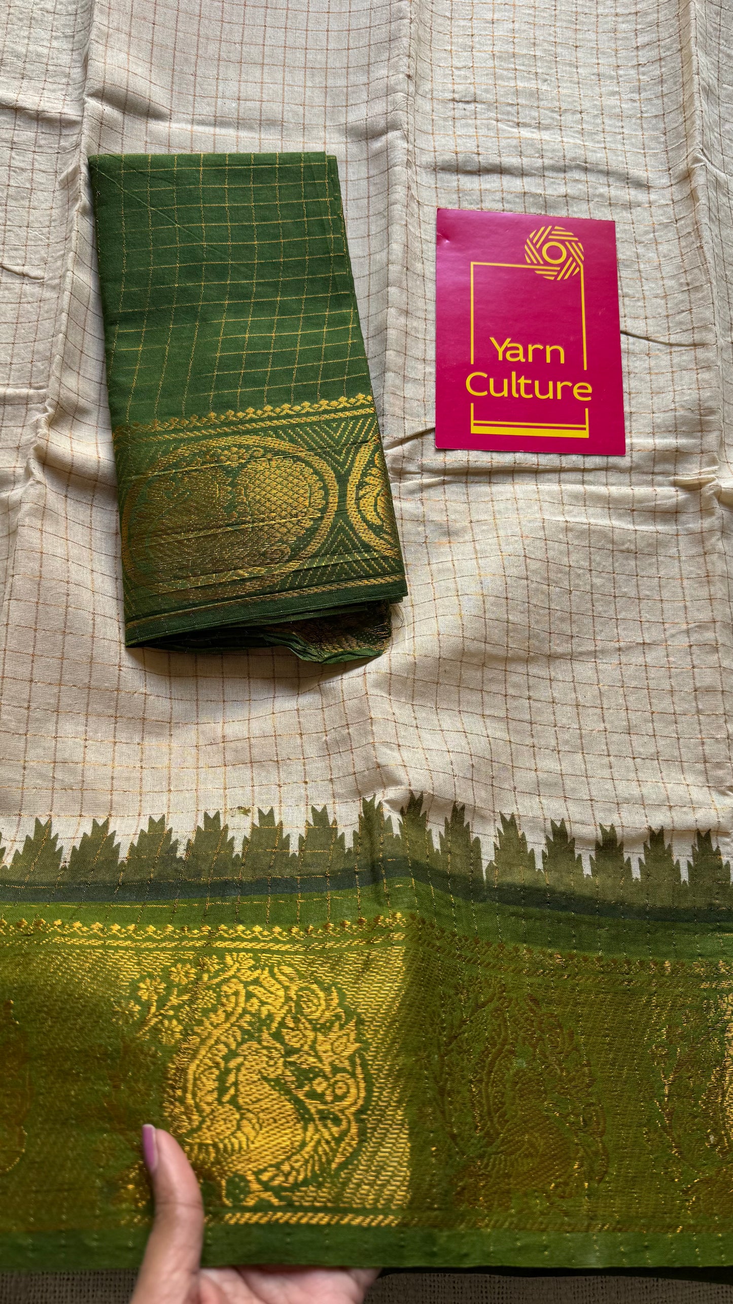 Sungudi cotton checks, ivory gold base, green and red dual tone border, soft cotton - YCCOTNGJJA176