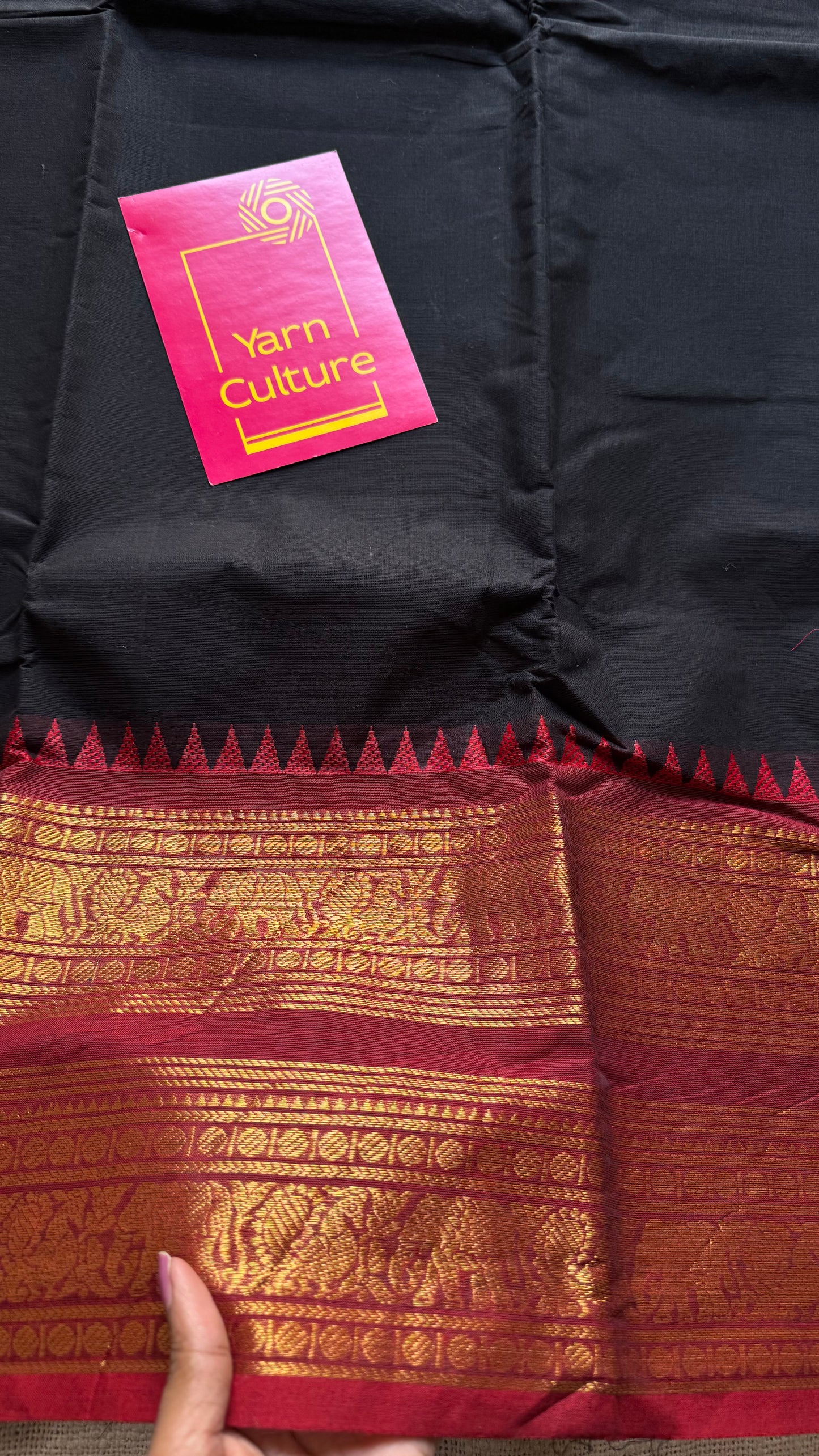 Black with dark red contrast, wide zari border, kanchi cotton - YCCOTNKCJA213