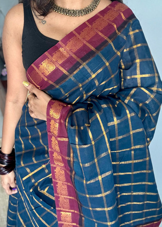 Teal blue with maroon pavithra kattam sungudi, madurai cotton - YCCOTNSUDE78