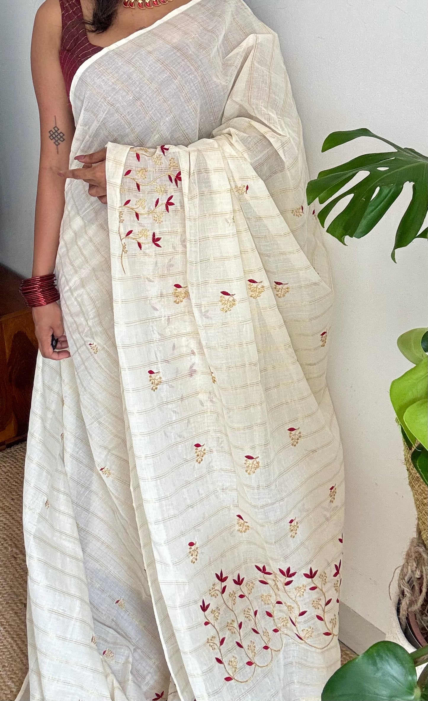 Ivory and gold soft cotton saree, maroon floral vine embroidery  - YCIEON58