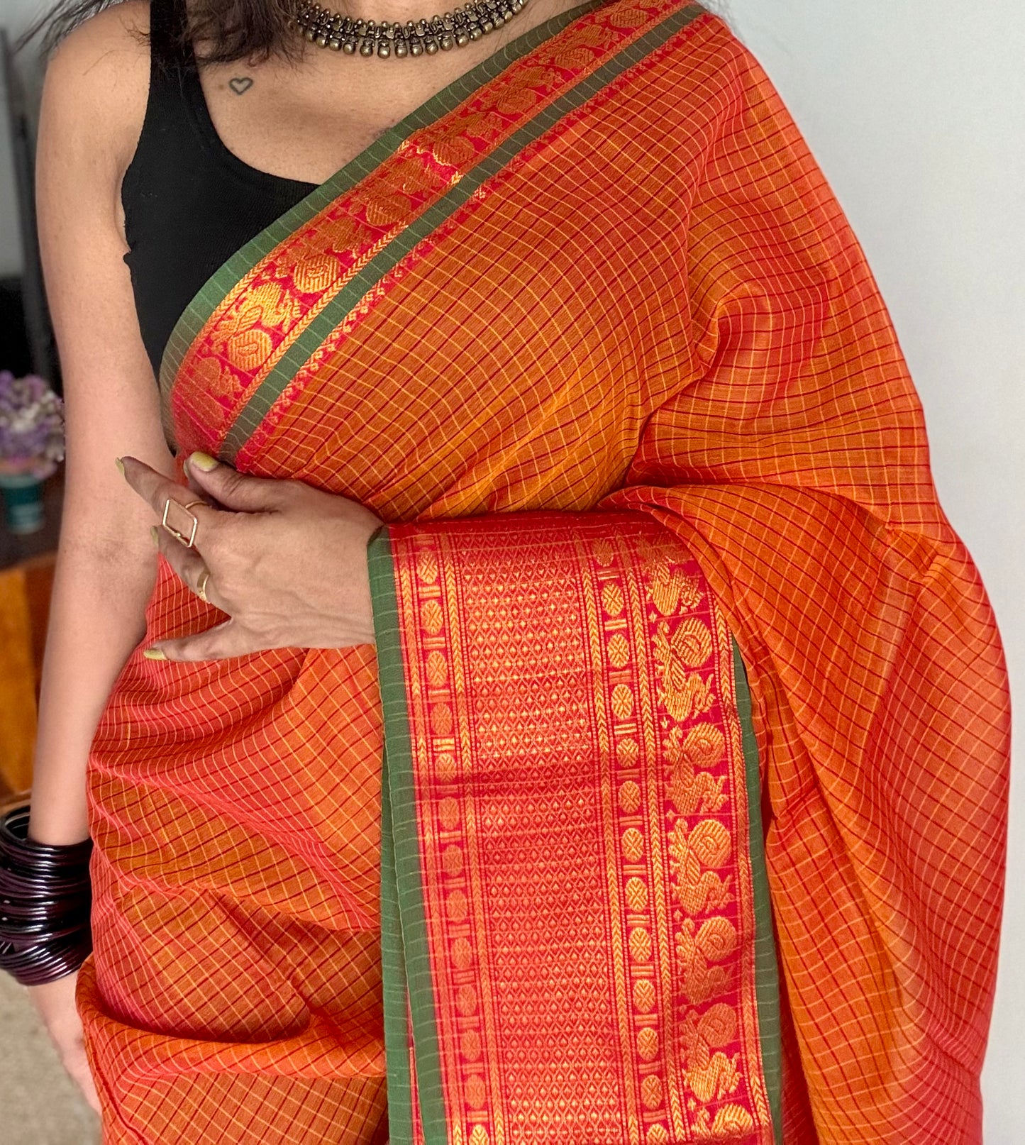 Orange checks with green zari border, premium narayanpet, soft cotton - YCWOTDNPCFE22