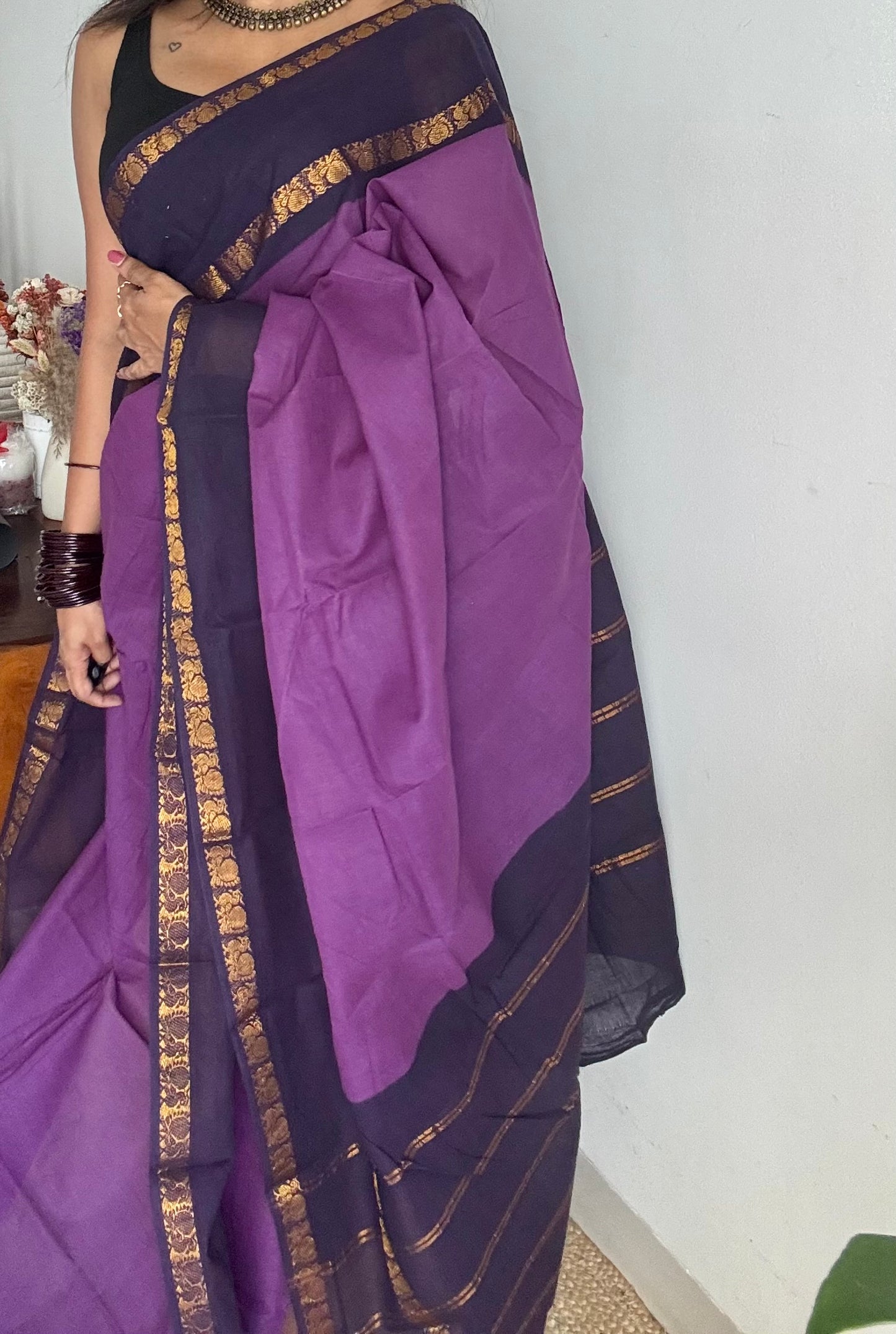 Purple with dark blue rettaipettu peacock double border, madurai soft cotton - YCCOTNMSAP204