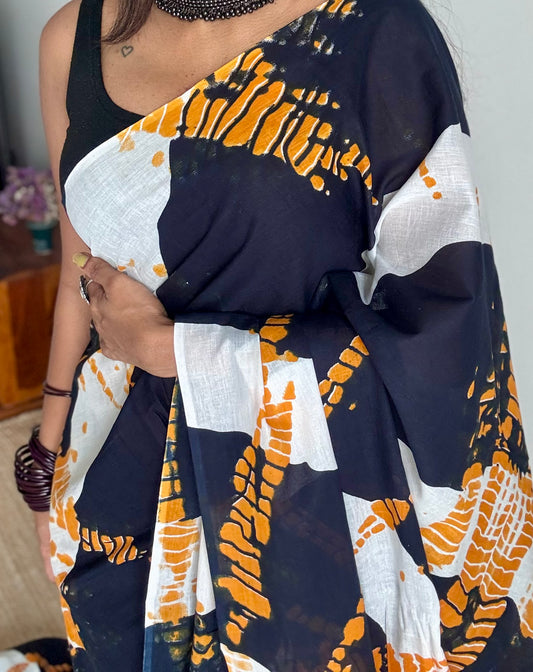 Black and white with orange scattered prints, soft cotton saree - YCTORCMA02