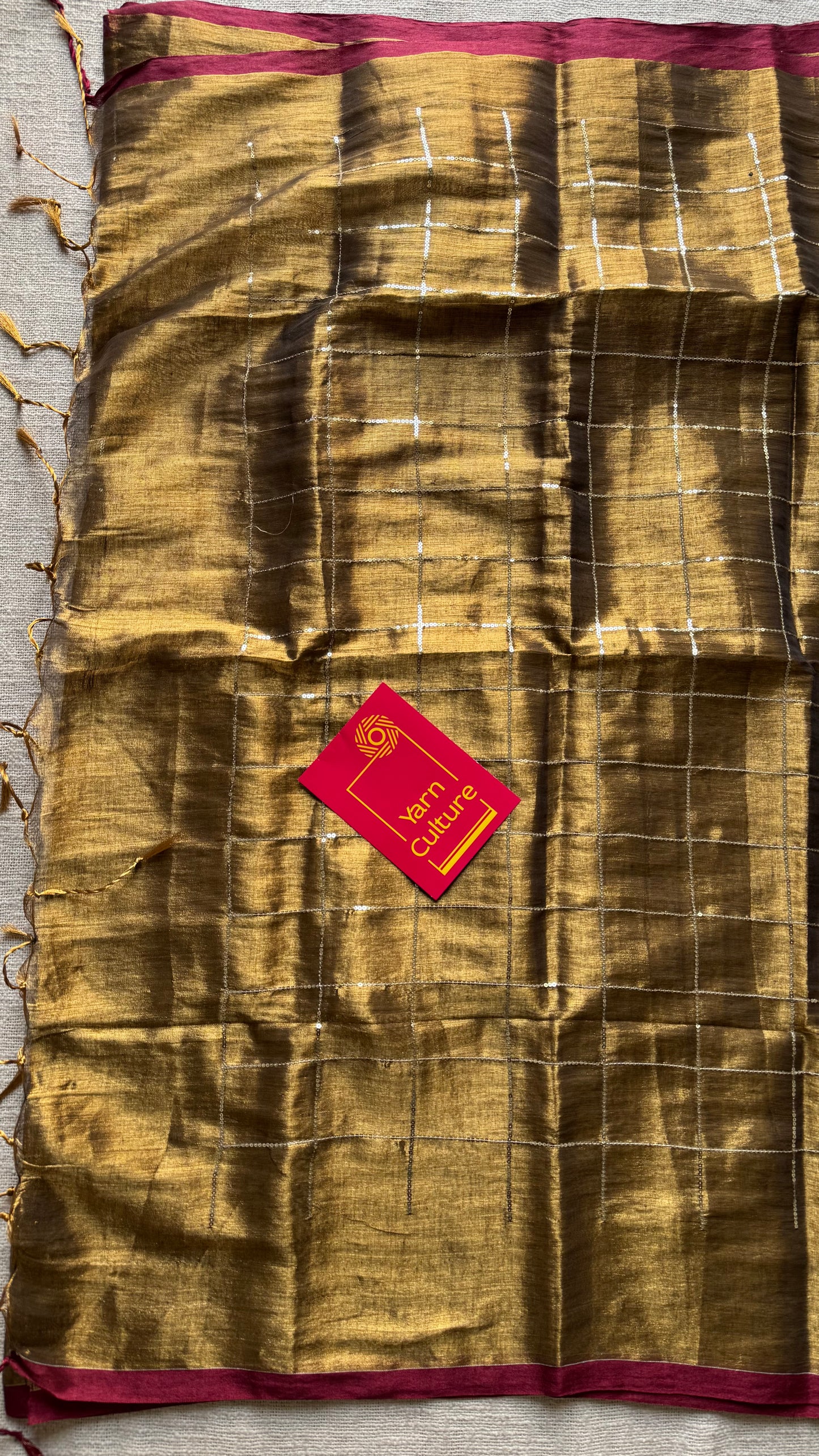 Bronze with maroon border, checkered sequins work, mul tissue - YCBCMCJA12