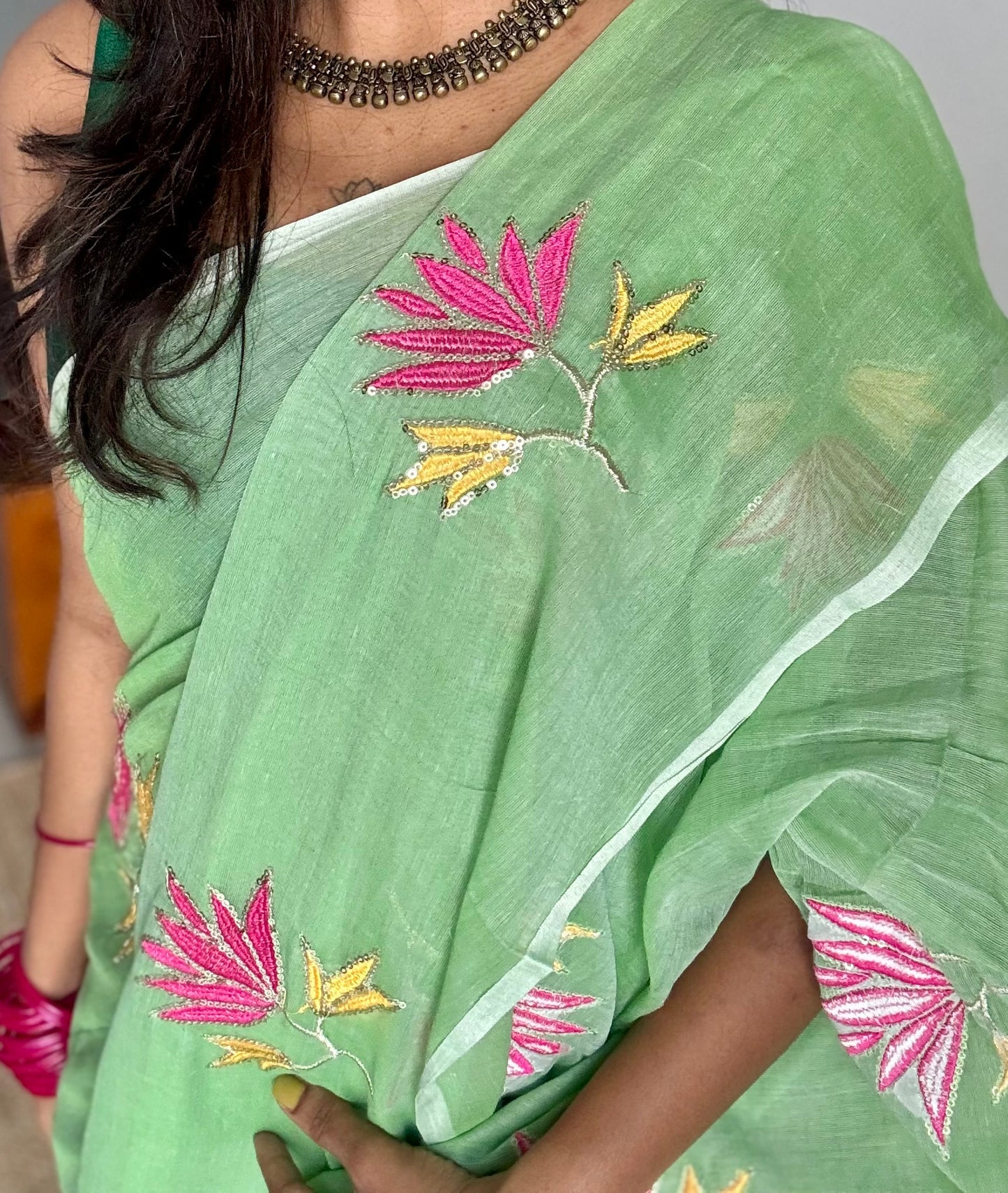 Mint green mul with lotus sequin embroidery - YCBCMCNO68