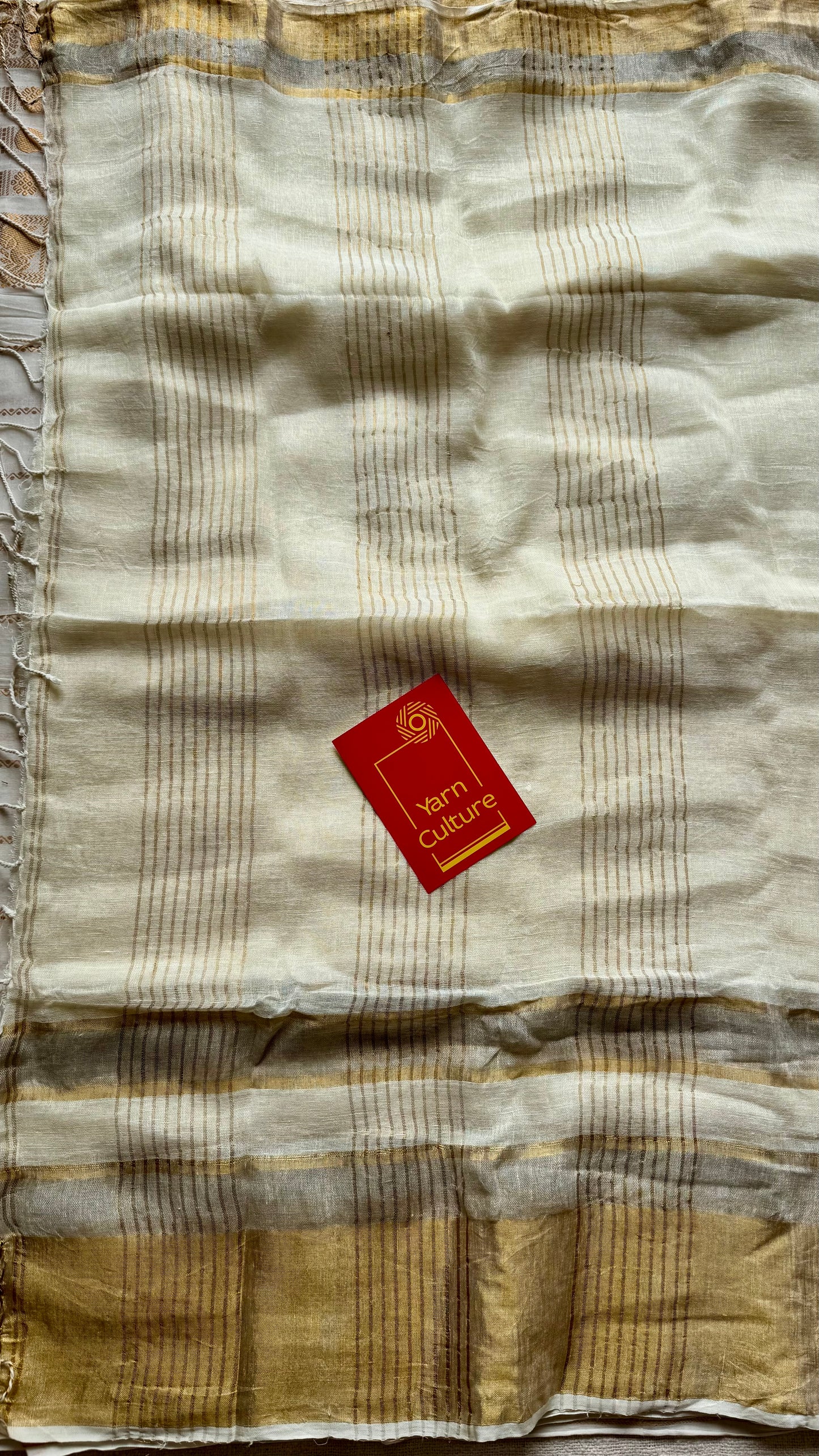 Pure ivory linen, gold and silver zari border - YCIEON27