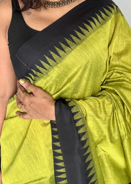 Lime green with black contrast, temple border saree, cotton silk - YCCOTNTBFE60