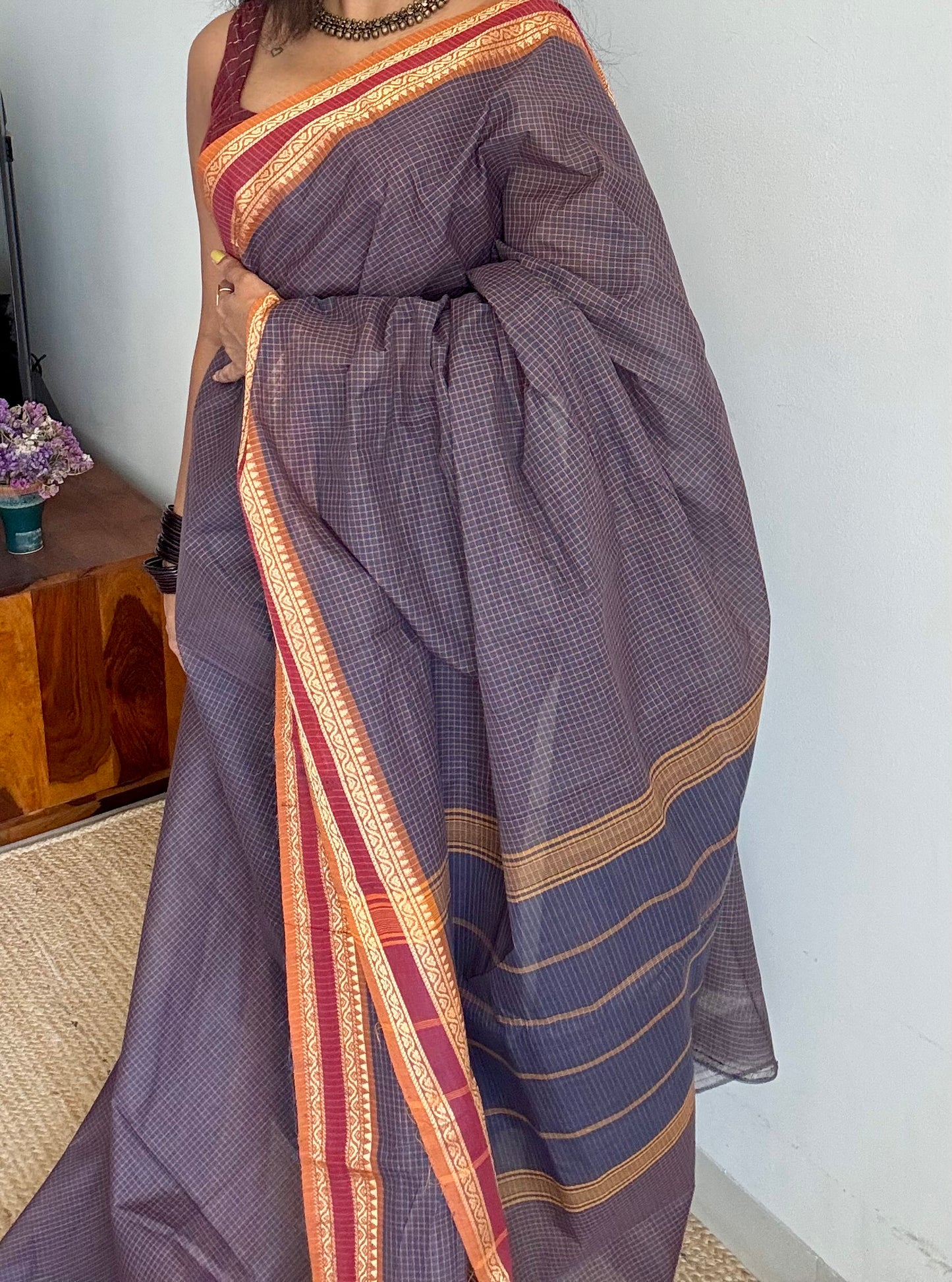 Dark grey Chettinad cotton saree with yellow mini checks - YCCOTNCCFE143