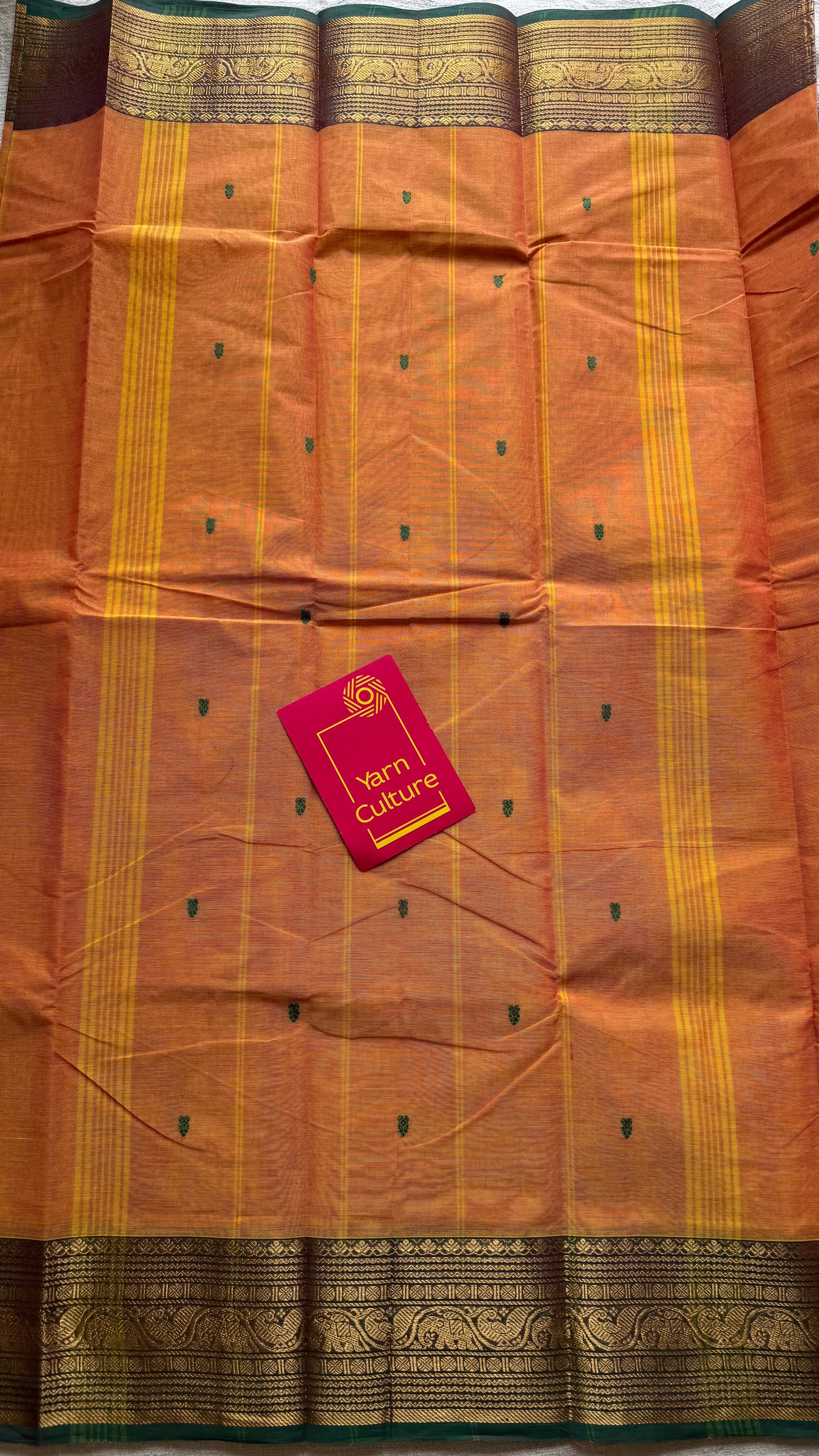 Kanchi cotton saree, light orange with green zari border - YCCOTNAP80