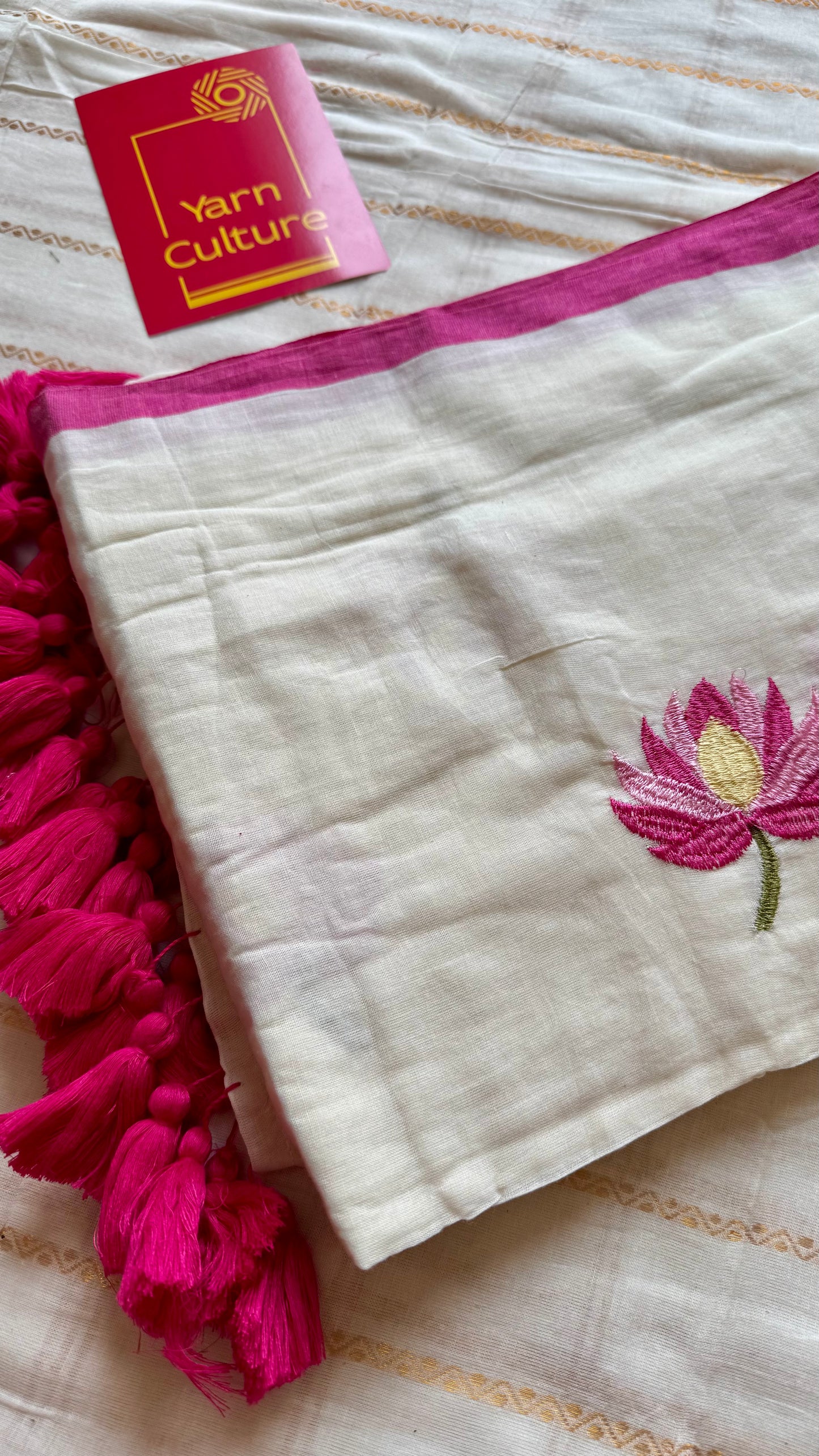 Ivory mul saree, with pink lotus embroidery - YCIEON03