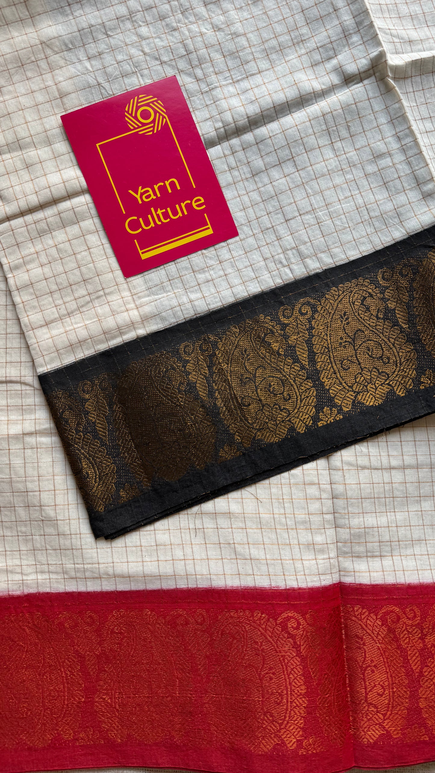 Sungudi cotton checks, ivory gold base, red and black dual tone flower paisley border, soft cotton - YCCOTNGJJA165