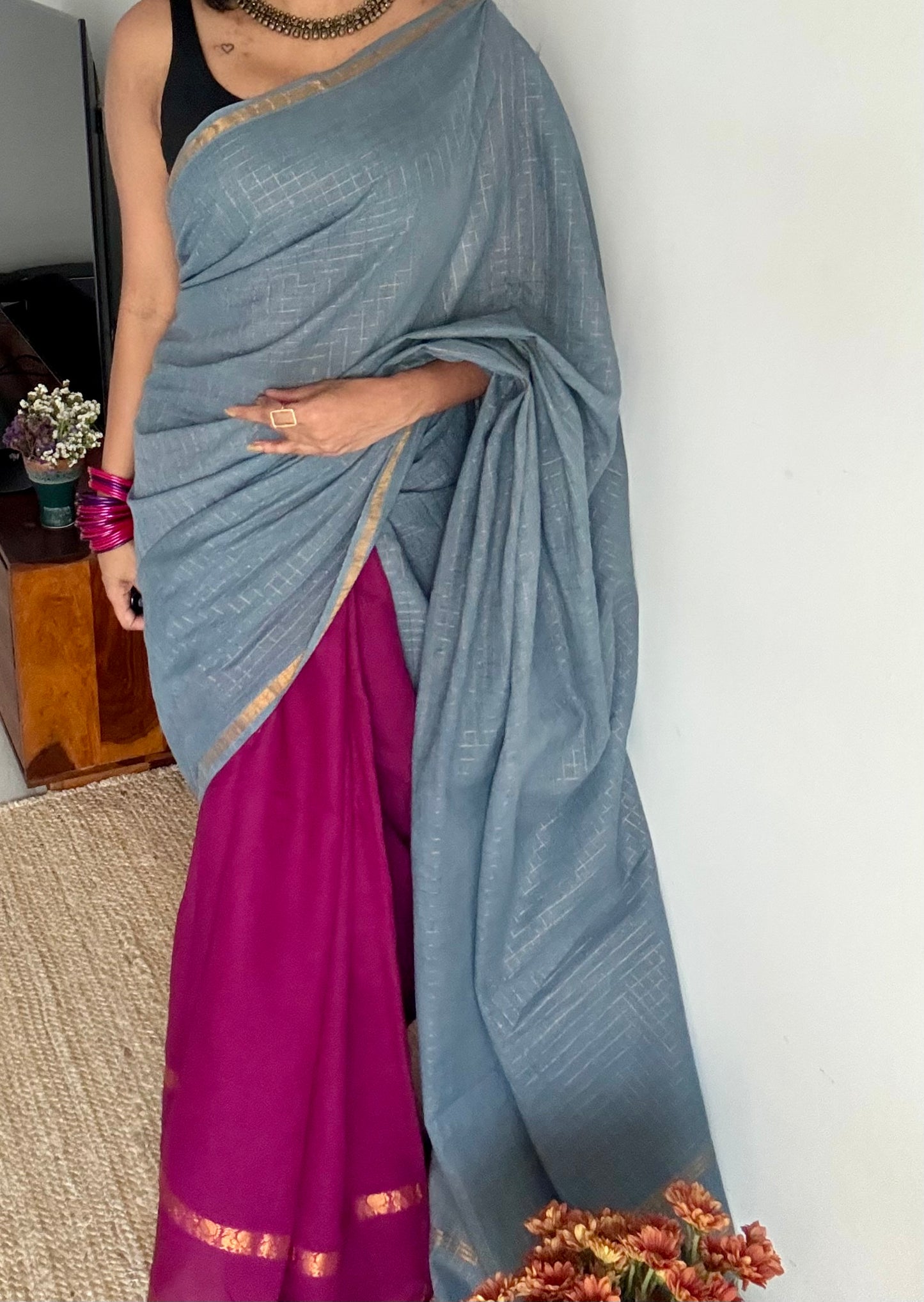 Mallinila (மல்லிநிலா): grey with vaadamalli purple pink, sungudi cotton - YCENOID14