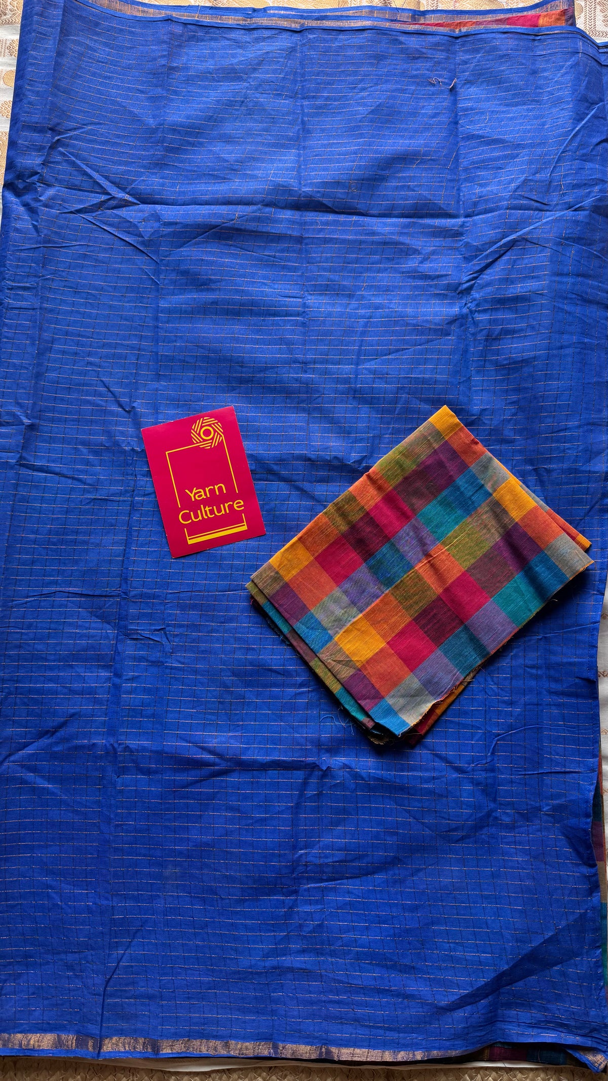 Blue with multicoloured madras checks, cotton half and half saree - YCCOTNIDOC160