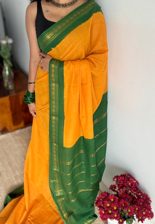 Yellow with green border sungudi, kattuchayam dyed, madurai cotton - YCCOTNSEMS99