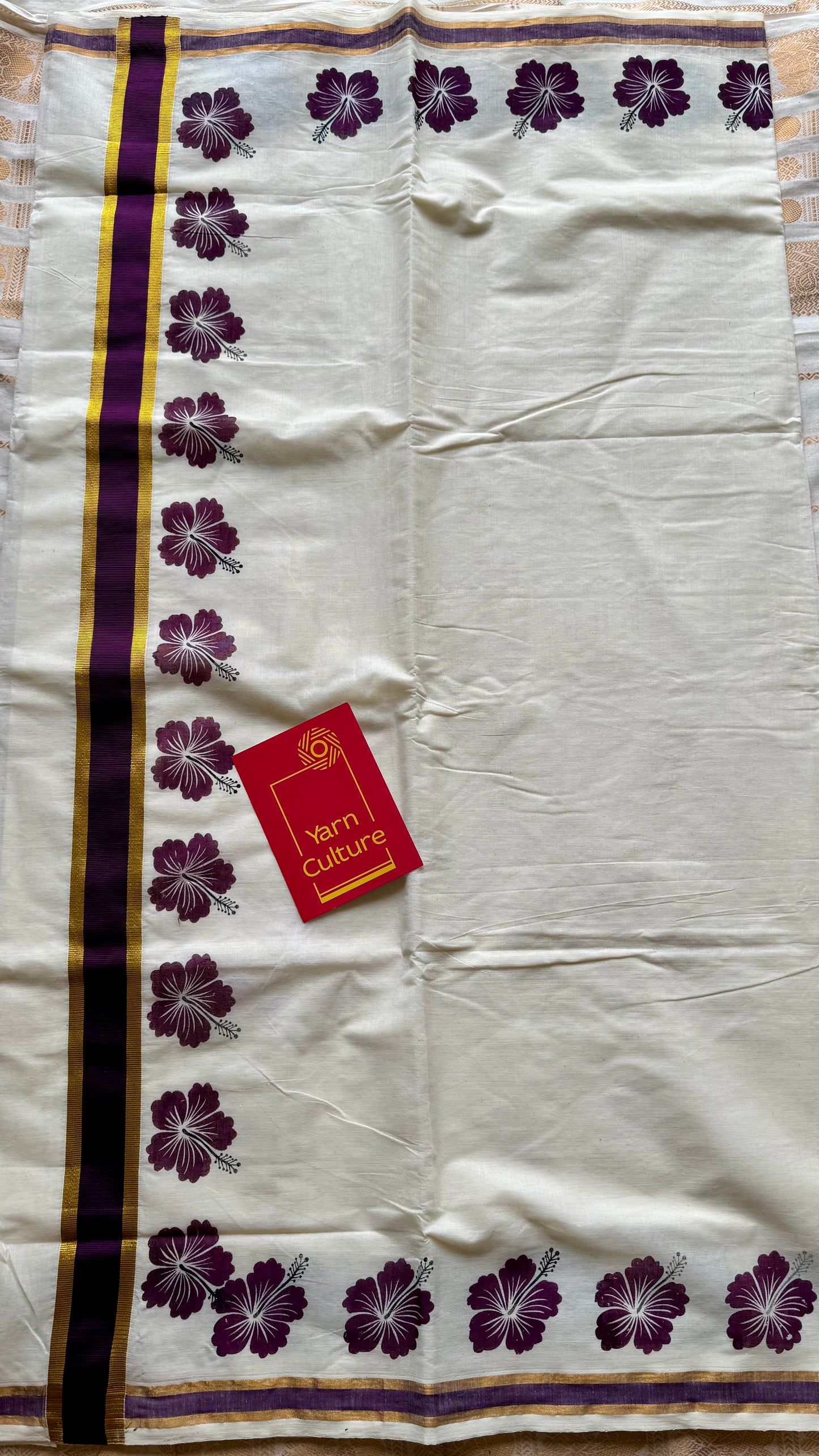 Ivory and gold soft cotton saree, wine hibiscus (chembarathi) flowers - YCIEON63