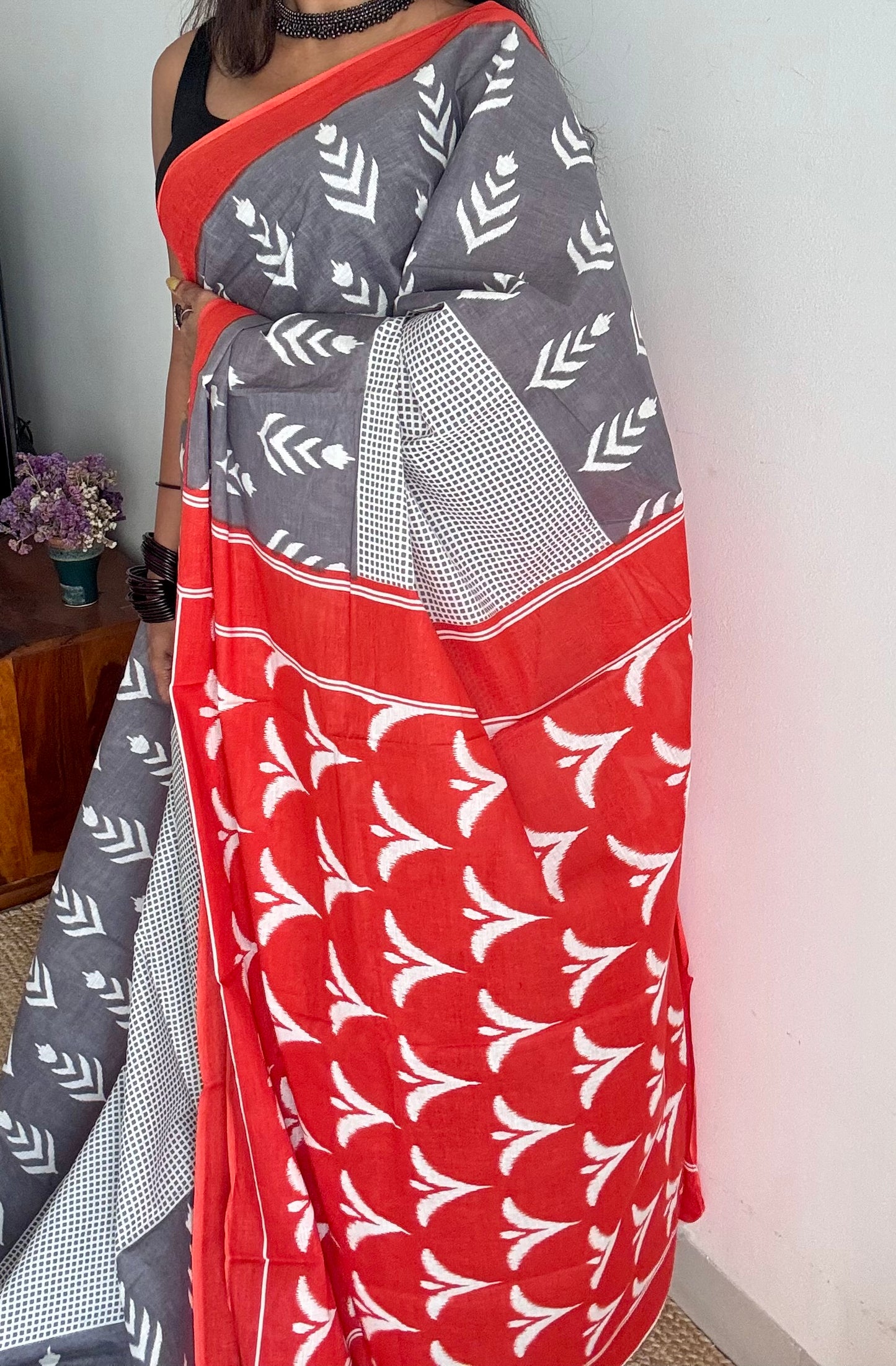 Grey with red border, white motifs, soft cotton saree - YCTORCMA07