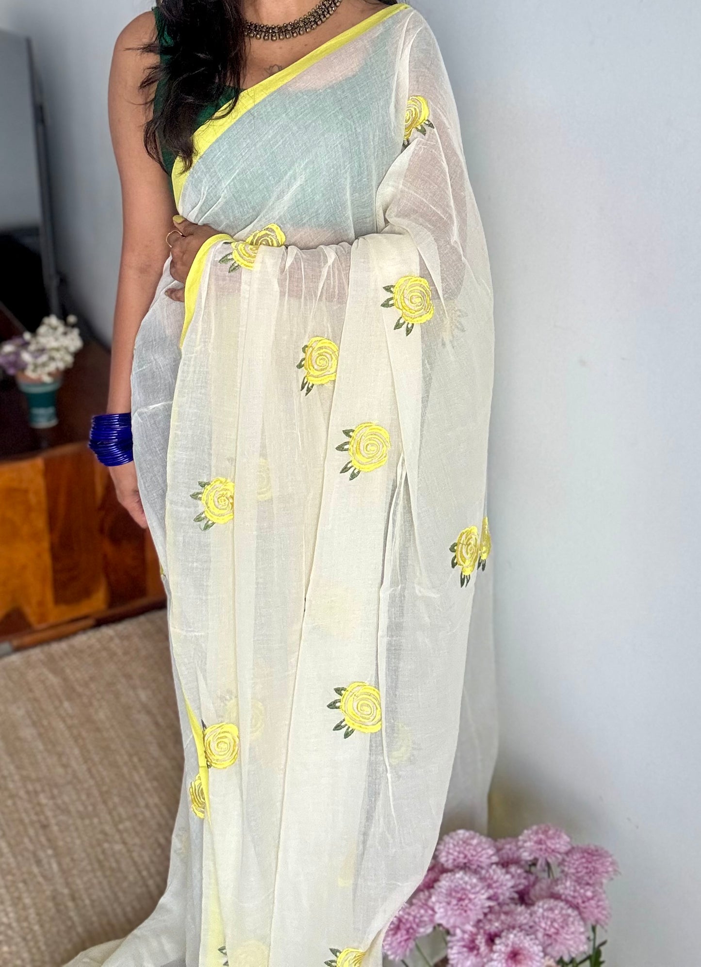 Cream mul with lemon yellow rose thread embroidery - YCBCMCNO76