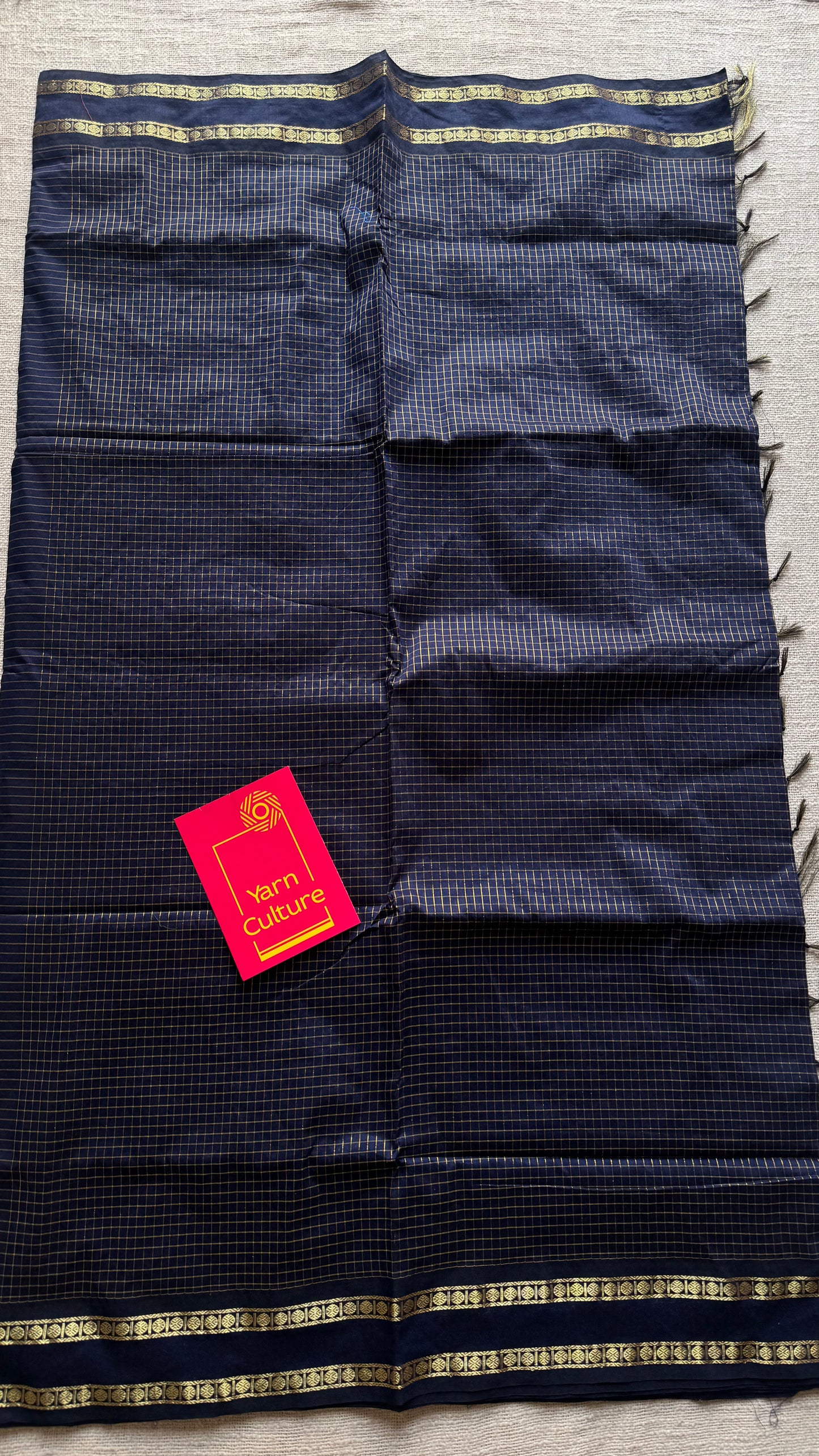 Midnight blue, arani zari checks saree, cotton silk - YCCOTNARFE48