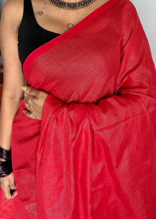 Chilli red, gold zari stripes, soft cotton - YCBCKCZDE105