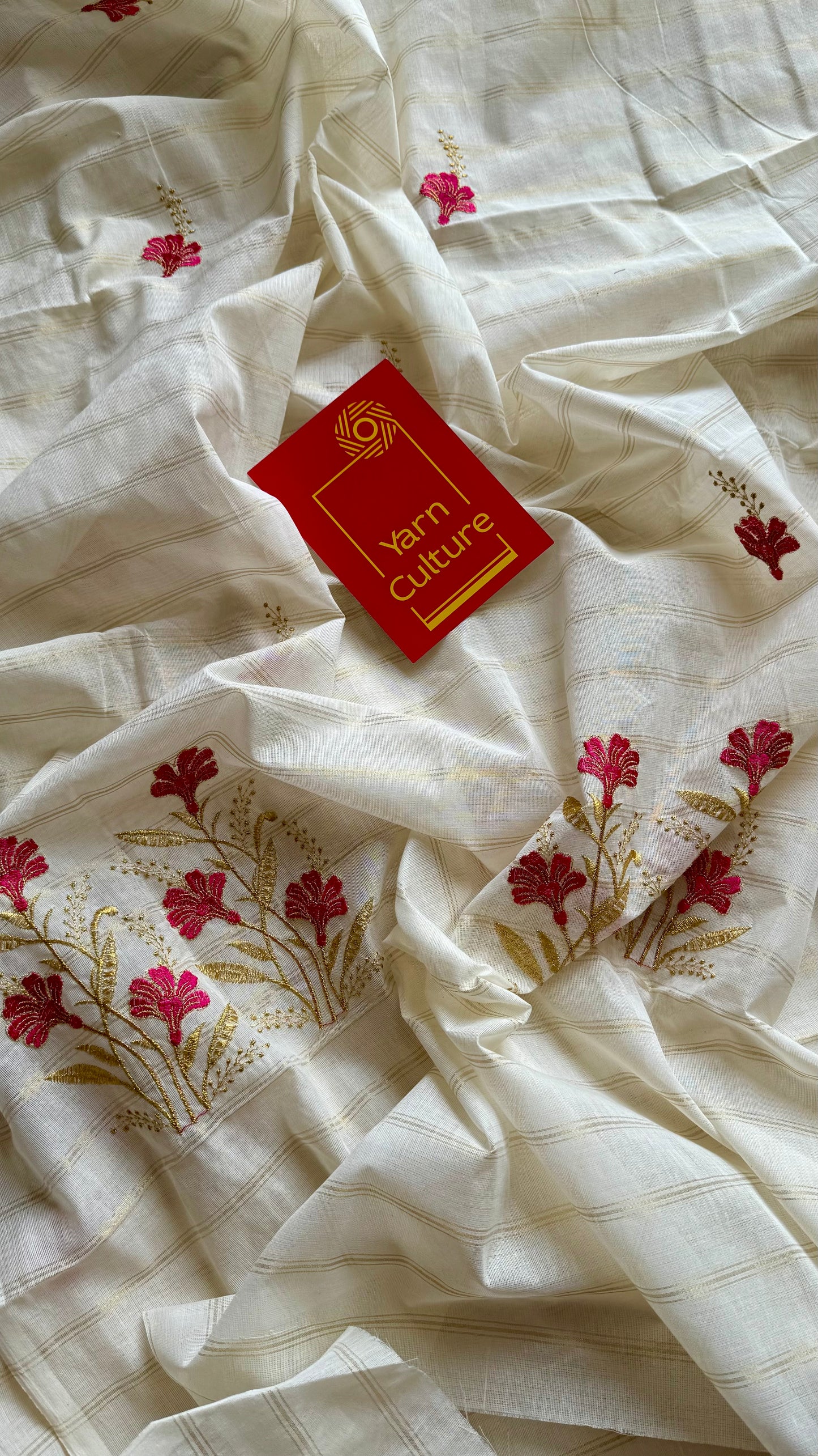 Ivory and gold soft cotton saree, hot pink floral embroidery  - YCIEON54